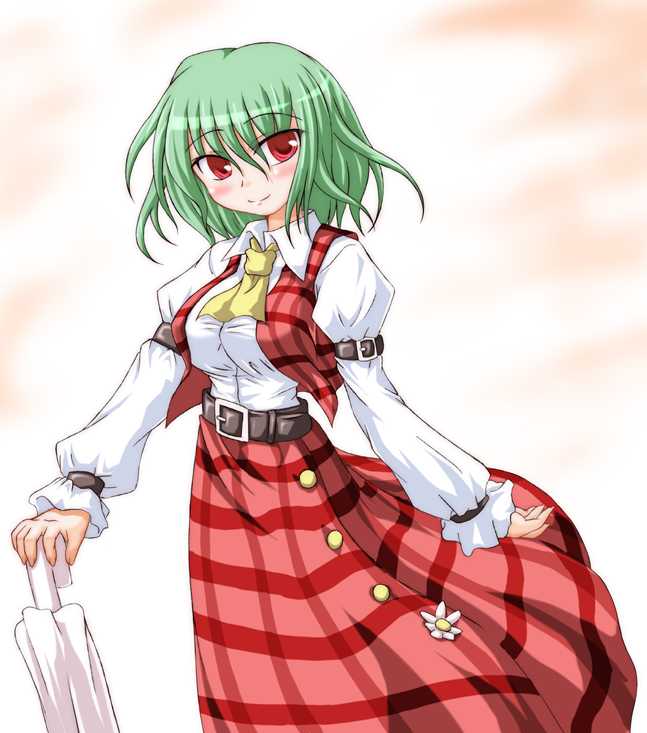inasaki shirau, kazami yuuka, touhou, 1girl, ascot, belt, breasts, female focus, green hair, head tilt, large breasts, plaid clothes, plaid skirt, plaid vest, red eyes, shirt, short hair, skirt, skirt set, smile, solo, taut clothes, taut shirt, vest