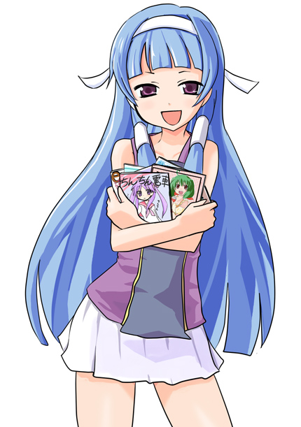 hottan!, hiiragi kagami, nagi, ranka lee, kannagi, lucky star, macross, macross frontier, 00s, 1girl, blue hair, female focus, hair tubes, hairband, long hair, manga (object), pleated skirt, purple eyes, skirt, solo, white skirt