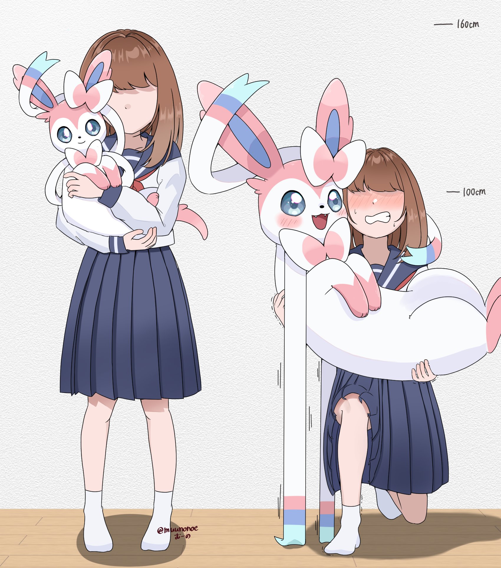 muunonoe, sylveon, nintendo, pokemon, highres, 1girl, blue eyes, blue sailor collar, blue skirt, blush, brown hair, carrying, clenched teeth, fangs, gen 6 pokemon, grey background, long sleeves, open mouth, pokemon (creature), sailor collar, school uniform, serafuku, shadow, simple background, skirt, smile, socks, standing, sweat, teeth, twitter username, white serafuku, white socks