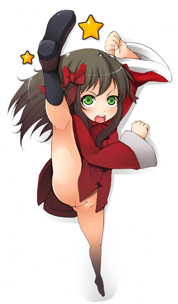 shachi kamaboko, arima miyako, melty blood, tsukihime, bad id, bad pixiv id, 00s, 1girl, black socks, bottomless, china dress, chinese clothes, dress, female focus, green eyes, high kick, kicking, kneehighs, leg up, legs, loli, long hair, no panties, pussy, ribbon, shoes, socks, solo, tangzhuang, uncensored, wide sleeves