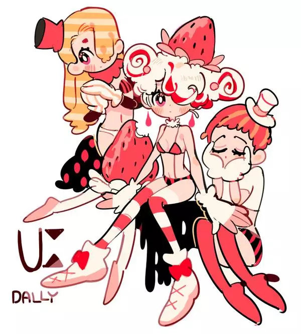 dolman (dm), original, third-party source, 3girls, androgynous, bare shoulders, bikini, black bikini, black skirt, blonde hair, boots, bow, breasts, bright pupils, choker, cleavage, closed eyes, closed mouth, covered mouth, cropped shirt, dot nose, double bun, dripping, earrings, expressionless, eyelashes, fingerless gloves, food-themed hair ornament, footwear bow, forehead, frilled skirt, frills, full body, fur choker, gloves, hair bun, hair ornament, hair over one eye, hands on own cheeks, hands on own face, hat, high heel boots, high heels, jewelry, kneeling, lace-up boots, leaning to the side, light blush, light frown, long hair, looking at viewer, looking to the side, mini hat, mini top hat, miniskirt, mismatched bikini, multicolored bikini, multicolored hair, multiple girls, navel, orange hair, pantyhose, pink eyes, pink shoes, polka dot, polka dot skirt, red bikini, red boots, red bow, red choker, red hair, red hat, red thighhighs, ribbed bikini, shirt, shoes, short hair, short sleeves, showgirl skirt, simple background, sitting, skirt, small breasts, stomach, strawberry hair ornament, streaked hair, striped bikini, striped clothes, striped thighhighs, swept bangs, swimsuit, t-shirt, tareme, teardrop earrings, thigh boots, thighhighs, top hat, two-tone bikini, two-tone hair, two-tone thighhighs, vertical-striped bikini, vertical-striped clothes, white background, white bikini, white boots, white choker, white gloves, white hair, white hat, white pantyhose, white pupils, white shirt, white thighhighs, yokozuwari