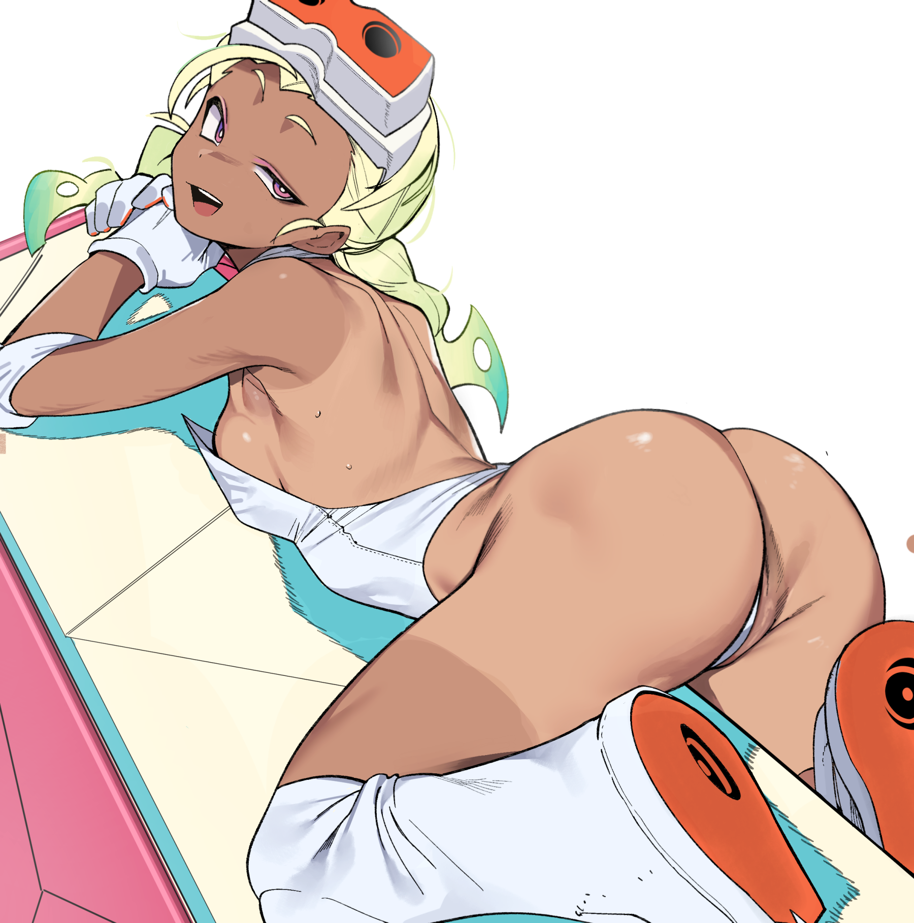 urec, gunsmith bitch (psg), panty & stocking with garterbelt, commentary, highres, ass, blonde hair, breasts, dark-skinned female, dark skin, gloves, goggles, goggles on head, gradient hair, green hair, leotard, multicolored hair, one-piece tan, open mouth, pink eyes, smile, strapless, strapless leotard, sweat, tan, tanline, white background, white gloves, white leotard