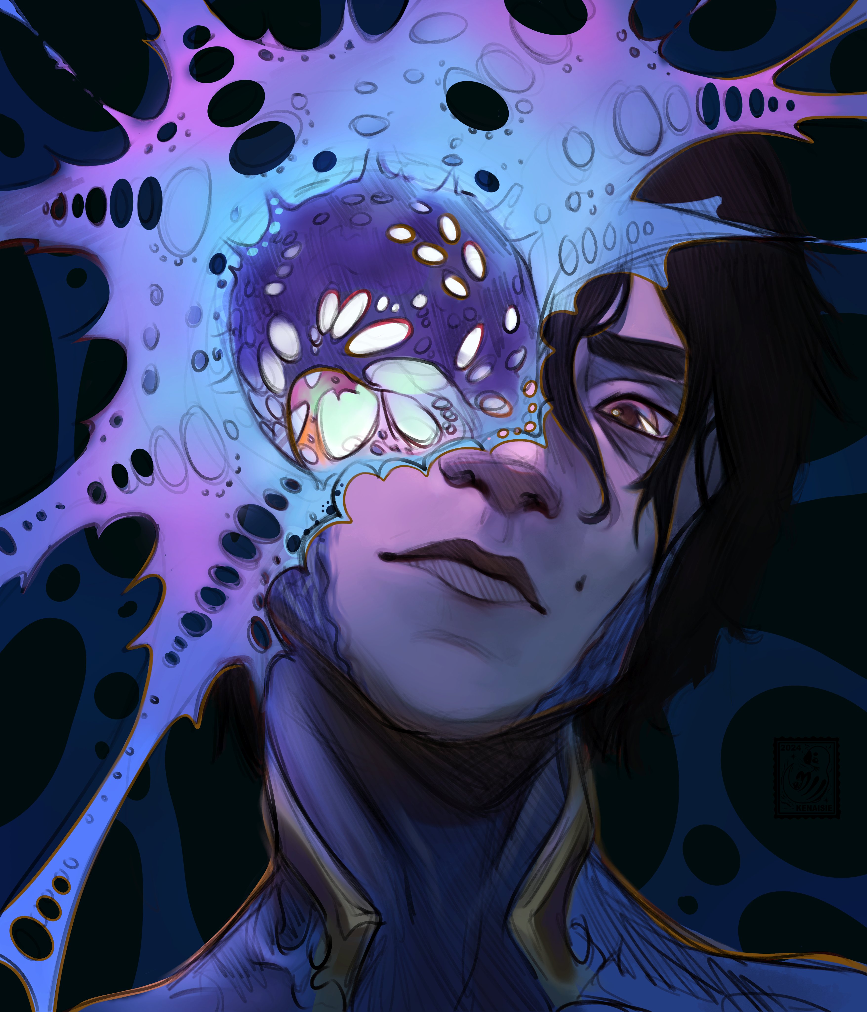 viktor (arcane), viktor (league of legends), arcane: league of legends, league of legends, absurdres, highres, 1boy, black hair, brown eyes, closed mouth, head tilt, hex core, kenaisie, light frown, looking at viewer, magic, male focus, mole, mole above mouth, portrait, short hair, simple background, solo