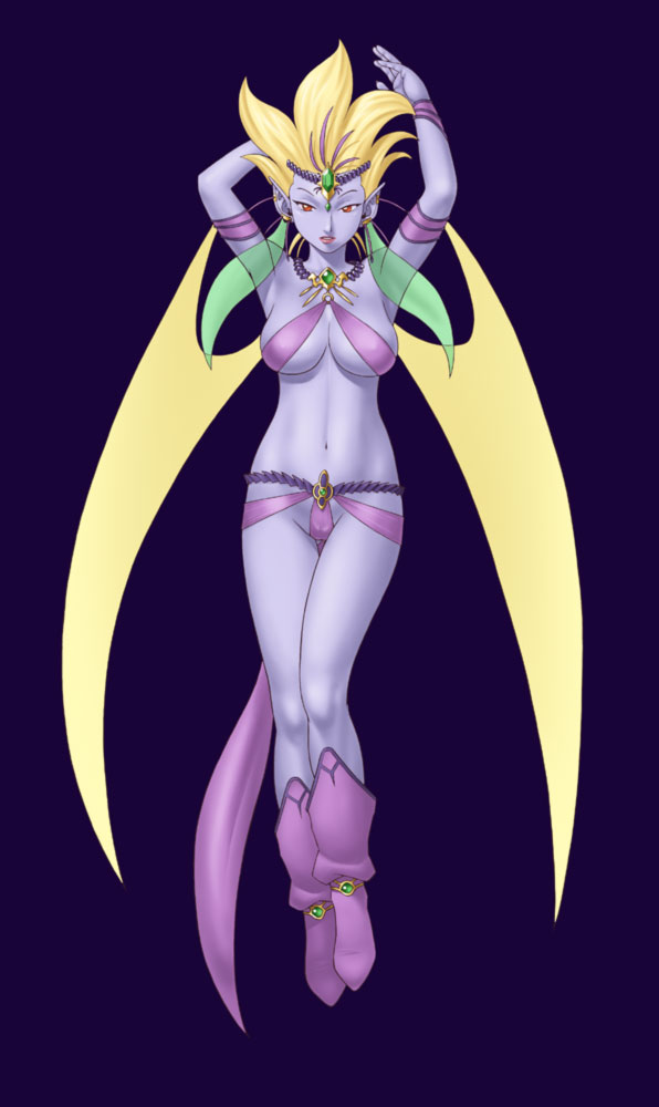 greendragon, shun (greendragon), shiva (final fantasy), final fantasy, final fantasy iv, bad id, bad pixiv id, 1990s (style), 1girl, blonde hair, blue skin, breasts, colored skin, female focus, full body, jewelry, pointy ears, red eyes, retro artstyle, simple background, solo