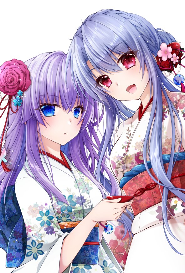 chibinon, sorakado ai, sorakado ao, summer pockets, commentary request, 2girls, :d, alternate costume, animal print, blue eyes, blue hair, blue sash, blunt ends, blush, bow, braid, butterfly hair ornament, butterfly print, cowboy shot, crown braid, cup, eyes visible through hair, floral print, floral print kimono, flower, hair between eyes, hair bow, hair bun, hair flower, hair ornament, hands up, holding, holding cup, japanese clothes, kimono, long hair, long sleeves, looking at viewer, multiple girls, open mouth, parted lips, pink flower, print kimono, red bow, red eyes, red flower, red rose, red sash, rose, sakazuki, sash, siblings, sidelocks, single hair bun, sisters, smile, straight hair, tassel, tassel hair ornament, twins, very long hair, white kimono, wide sleeves