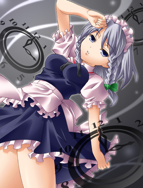 ibuki mana, izayoi sakuya, touhou, silver hair, bad id, bad pixiv id, 1girl, braid, breasts, female focus, gradient background, maid, ribbon, short hair, side braid, solo, twin braids, twintails