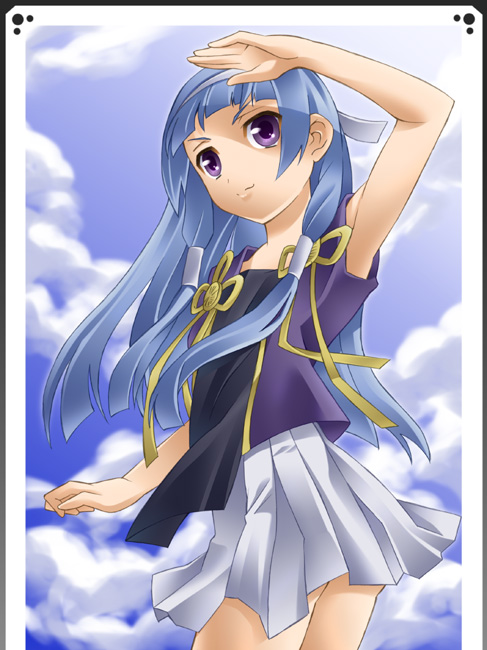 ibuki mana, nagi, kannagi, bad id, bad pixiv id, 00s, 1girl, blue hair, blunt bangs, female focus, hair tubes, long hair, pleated skirt, skirt, solo, white skirt