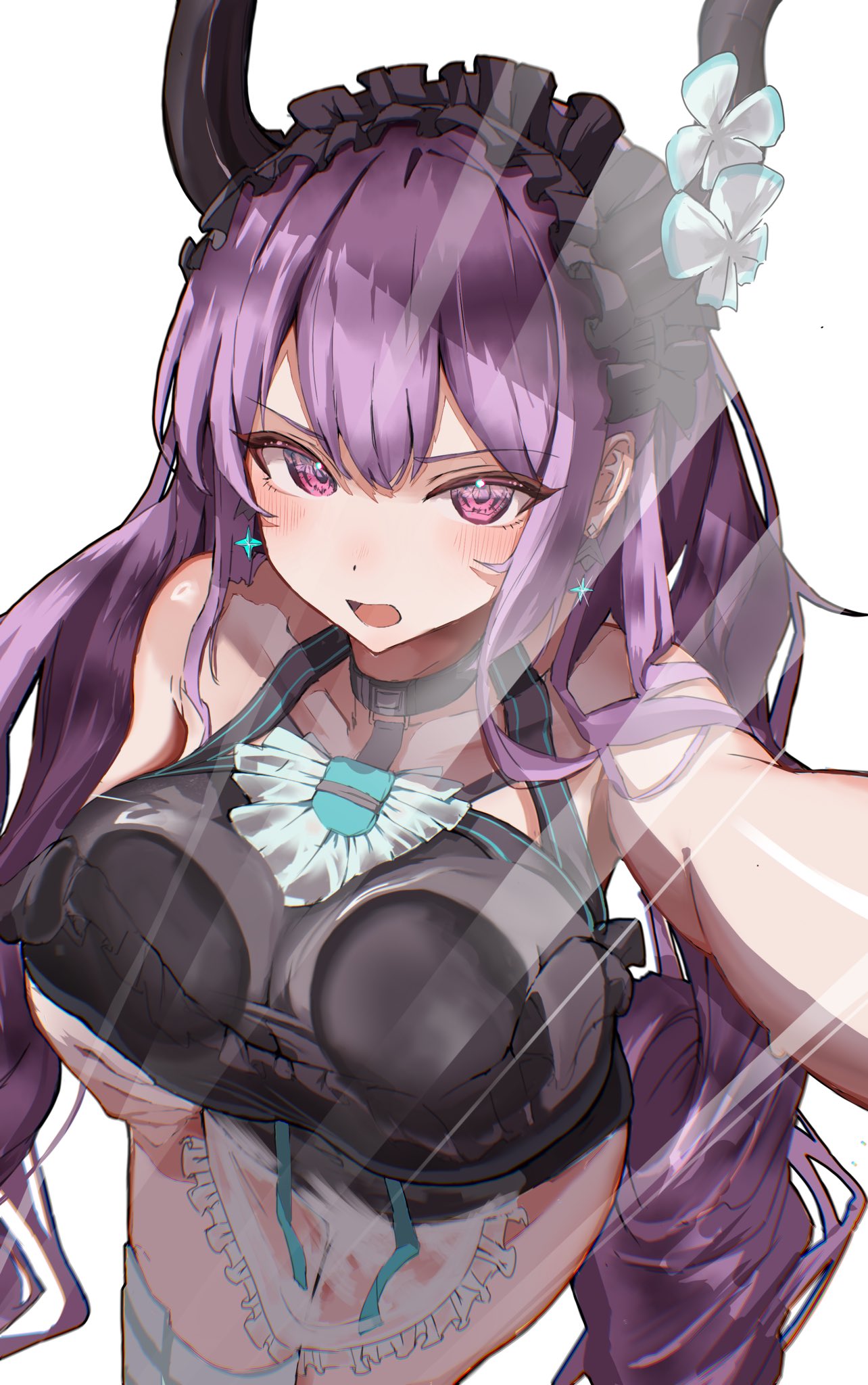 typhon (arknights), typhon (temperature difference) (arknights), arknights, commentary request, highres, 1girl, against glass, against window, bare shoulders, black horns, black one-piece swimsuit, blush, breast press, breasts, breasts on glass, cowboy shot, curvy, earrings, flower, frilled hairband, frilled one-piece swimsuit, frills, hairband, horn flower, horns, jewelry, large breasts, long hair, looking at viewer, official alternate costume, one-piece swimsuit, open mouth, petraruruka, pink eyes, purple hair, selfie, simple background, solo, star (symbol), star earrings, swimsuit, thick thighs, thighs, very long hair, white background