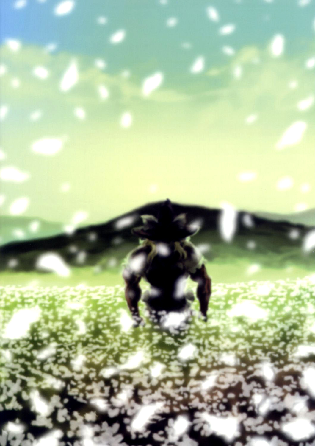 wi-z garage, cho marisa, kirisame marisa, metal gear (series), metal gear solid 3: snake eater, touhou, highres, non-web source, 1boy, flower, hat, male focus, muscular, nature, outdoors, partially colored, plant, sky, solo, witch hat