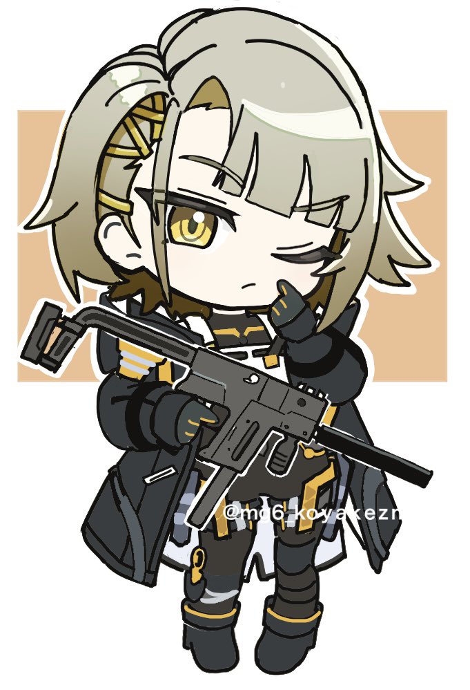 mg6 koyakezm, vector (girls' frontline), vector (girls' frontline 2), girls' frontline, girls' frontline 2: exilium, 1girl, black coat, black gloves, black shoes, black shrug, closed mouth, coat, expressionless, full body, gloves, grey hair, gun, hair ornament, hairpin, hand up, kriss vector, looking at viewer, multiple hairpins, one eye closed, open clothes, open coat, shoes, short hair, shrug (clothing), solo, standing, submachine gun, suppressor, twitter username, vest, weapon, white background, white vest, x hair ornament, yellow eyes