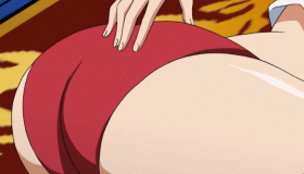 ryomou shimei, sonsaku goei, ikkitousen, ikkitousen dragon destiny, animated, animated gif, anime screenshot, lowres, 00s, 1girl, :o, ass, assisted exposure, back, blue hair, blunt bangs, blush, buruma, buruma pull, butt crack, close-up, clothes pull, crop top, eyepatch, female focus, from side, green eyes, gym uniform, indoors, mole, mole under mouth, no panties, open mouth, profile, rug, short hair, solo, surprised, undressing