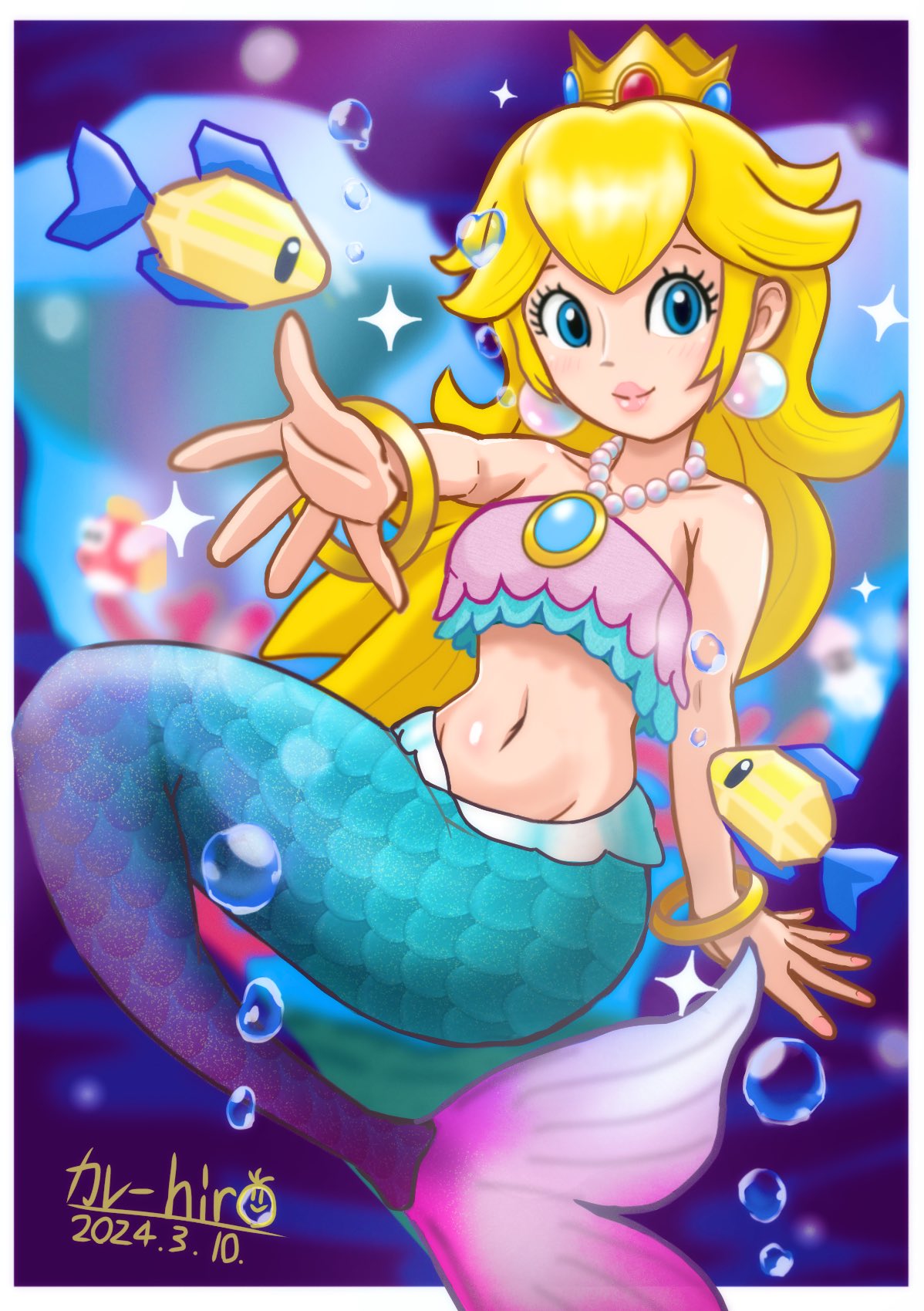 ballhuman, cheep cheep, mermaid peach, princess peach, mario (series), nintendo, princess peach: showtime!, commentary request, highres, 1girl, air bubble, alternate costume, artist name, bandeau, bikini, bikini top only, blonde hair, blue bikini, blue eyes, bracelet, brooch, bubble, earrings, fins, fish, fish tail, gold bracelet, halterneck, jewelry, layered bikini, long hair, mermaid, monster girl, navel, necklace, official alternate costume, pearl earrings, pearl necklace, pink bikini, solo, sphere earrings, submerged, swimsuit, tail, underwater