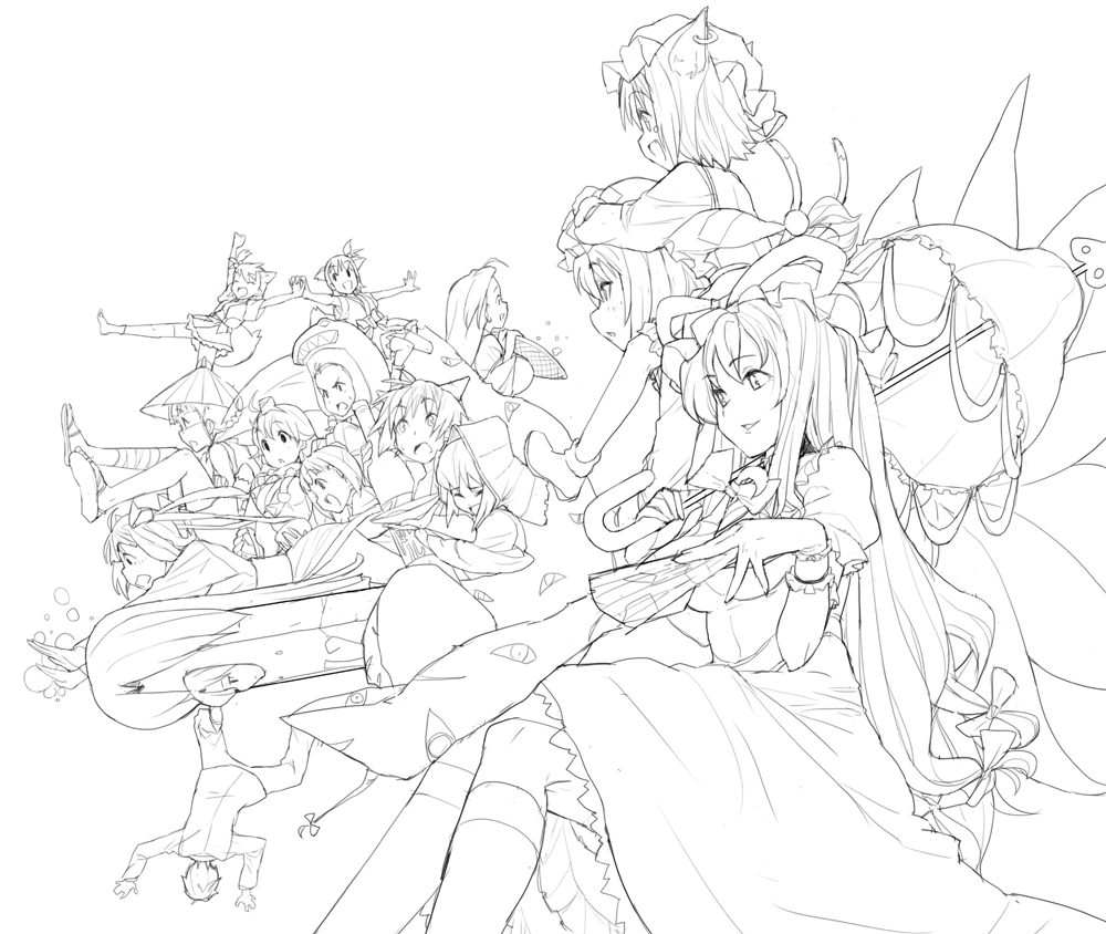 shue, akizuki ritsuko, amami haruka, chen, futami ami, futami mami, hagiwara yukiho, hoshii miki, kikuchi makoto, kisaragi chihaya, minase iori, miura azusa, takatsuki yayoi, yakumo ran, yakumo yukari, idolmaster, idolmaster (classic), idolmaster 1, touhou, 00s, 6+girls, crossover, greyscale, lineart, monochrome, multiple girls, siblings, sisters, sketch, twins