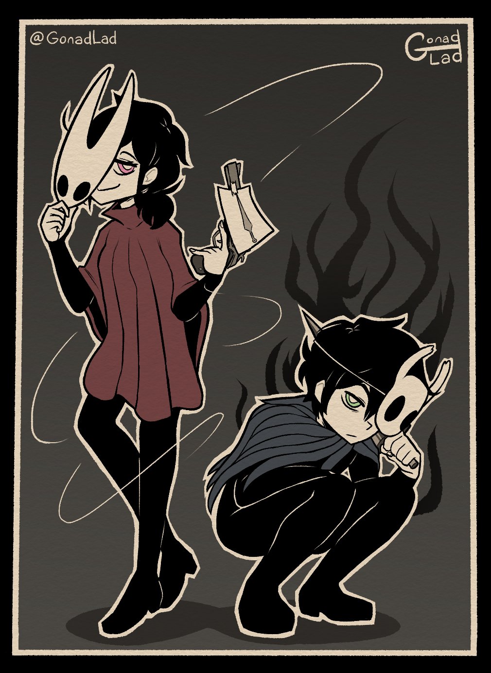 andrew graves, ashley graves, hornet (hollow knight), knight (hollow knight), hollow knight, hollow knight: silksong, the coffin of andy and leyley, commentary, english commentary, highres, 1boy, 1girl, artist name, back-to-back, black bodysuit, black boots, black border, black hair, bodysuit, boots, border, bright pupils, brother and sister, capelet, cloak, closed mouth, cosplay, dagger, double-parted bangs, frown, full body, glad (gonadlad), green eyes, grey background, grey capelet, gun, hair between eyes, holding, holding dagger, holding gun, holding knife, holding mask, holding weapon, horned mask, hornet (hollow knight) (cosplay), knees apart feet together, knife, knight (hollow knight) (cosplay), long sleeves, low ponytail, mask, medium hair, nemlei (style), one eye covered, pink eyes, ponytail, red cloak, short hair, siblings, simple background, smile, squatting, standing, tendril, twitter username, very short hair, weapon, white mask, white pupils