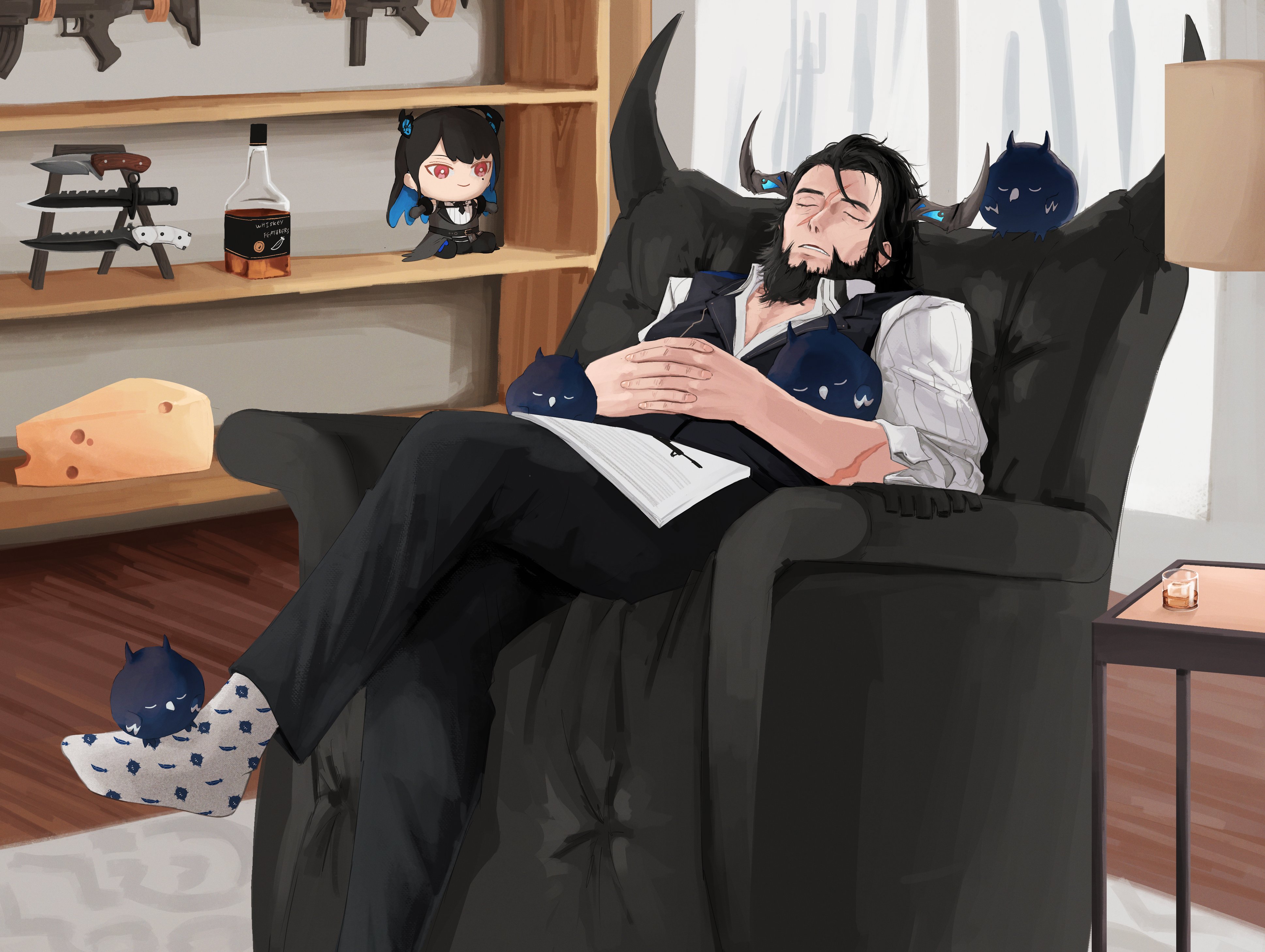 mairu (user 2757), jailbird (nerissa ravencroft), malphis ravencroft ii, nerissa ravencroft, nerissa ravencroft (1st costume), hololive, hololive english, absurdres, highres, 1boy, alcohol, assault rifle, beard, black hair, bottle, chair, cheese, curtains, demon boy, demon horns, facial hair, food, gun, horns, indoors, knife, lounge chair, male focus, mature male, paper, rifle, scar, scar on face, shelf, sleeping, socks, stuffed toy, virtual youtuber, weapon, whiskey