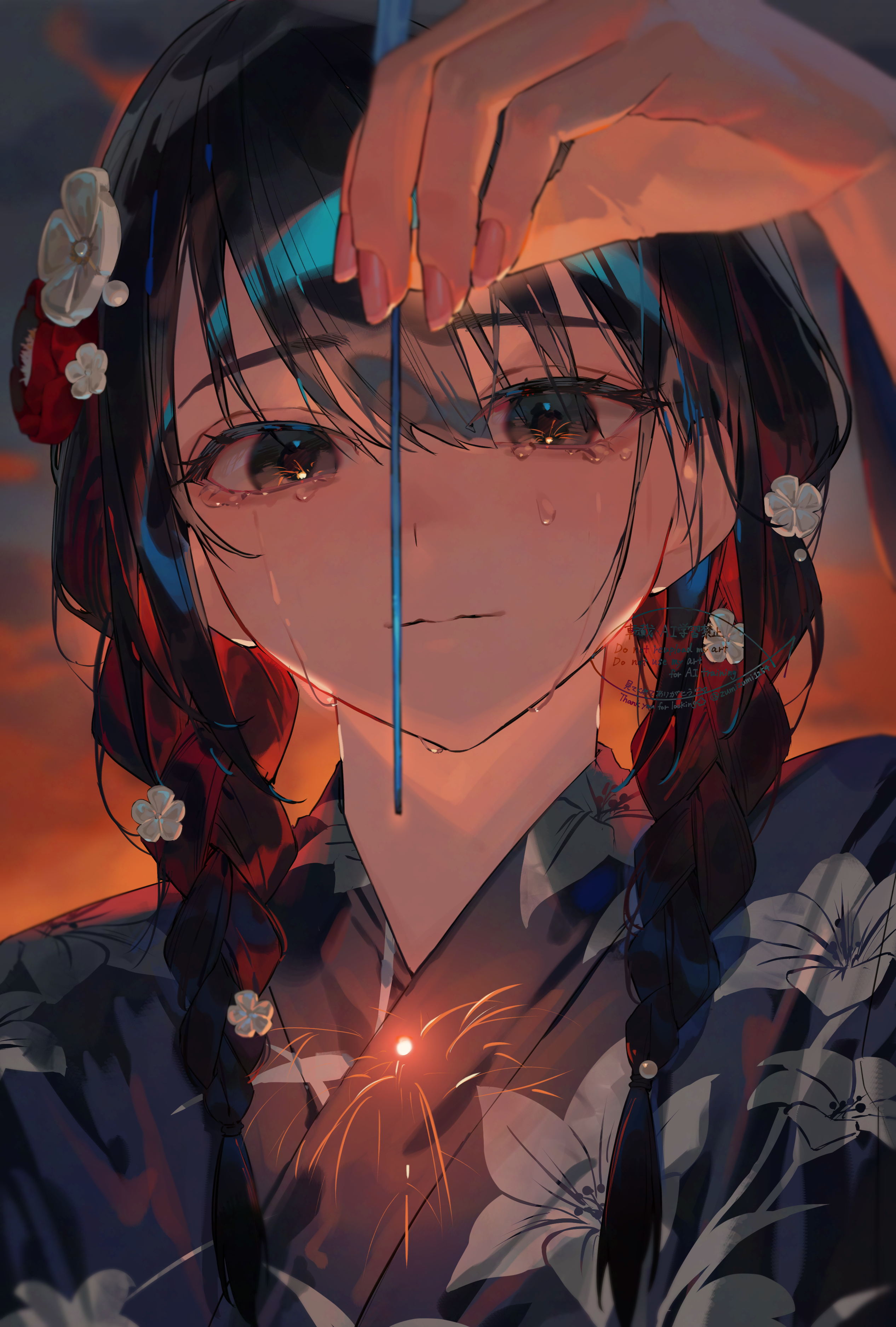 mizumi zumi, original, absurdres, highres, 1girl, black hair, braid, closed mouth, evening, floral print, flower, hair flower, hair ornament, hands up, holding, holding fireworks, japanese clothes, kimono, long hair, solo, tears, twin braids, upper body
