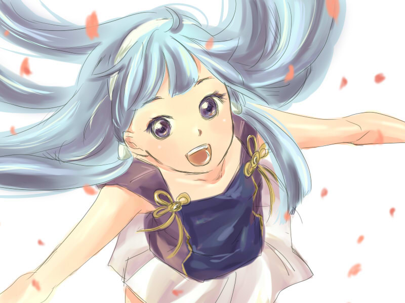 nagi, kannagi, 00s, 1girl, blue hair, female focus, hairband, long hair, pleated skirt, purple eyes, skirt, solo, white skirt