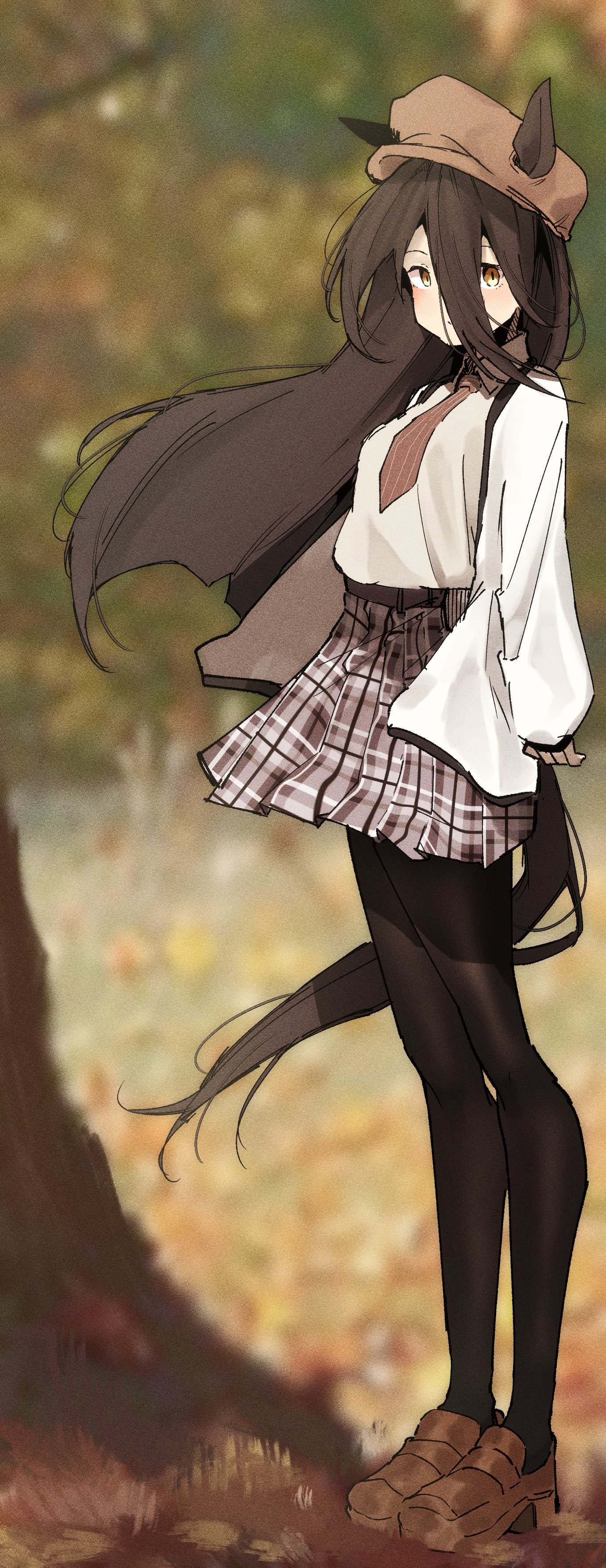 gorioshi0802, manhattan cafe (umamusume), umamusume, absurdres, highres, 1girl, belt, black belt, black hair, black pantyhose, breasts, brown hat, brown shoes, collared shirt, ears through headwear, grey hair, grey skirt, hair between eyes, hat, jacket, long hair, long hair between eyes, necktie, newsboy cap, orange necktie, pantyhose, plaid clothes, plaid skirt, pleated skirt, red necktie, shirt, shirt tucked in, shoes, skirt, small breasts, solo, striped clothes, vertical-striped clothes, vertical-striped necktie, very long hair, white jacket, white shirt, yellow eyes