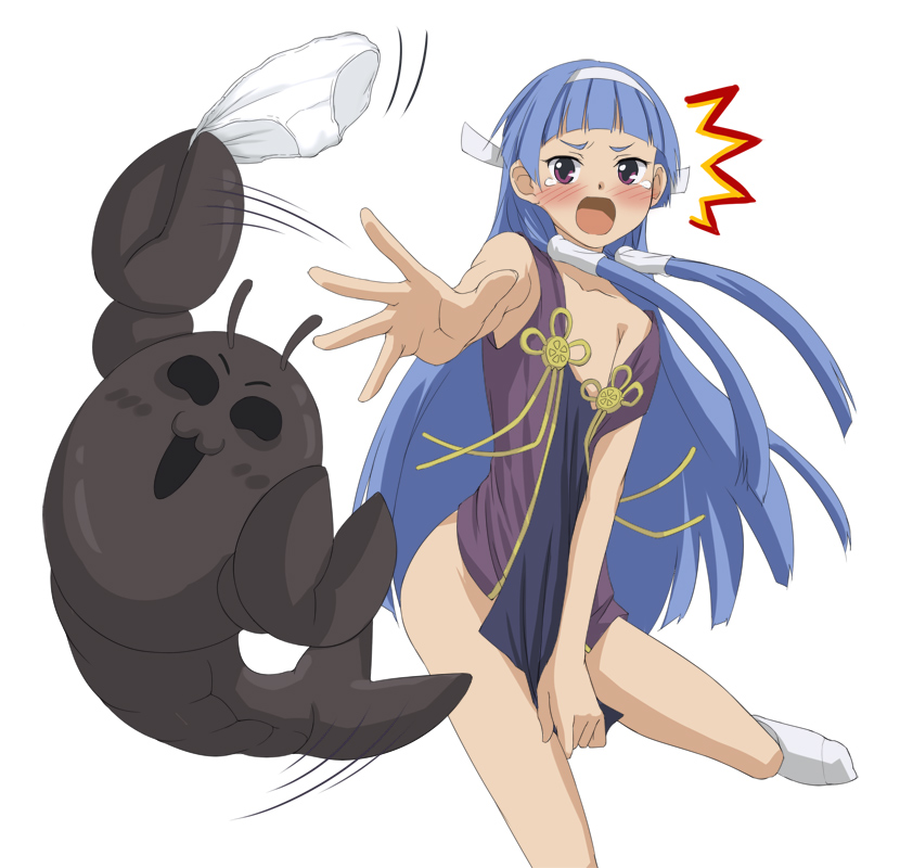 sutein, nagi, kannagi, 00s, 1girl, angry, blue hair, blunt bangs, blush, clothes theft, female focus, hair tubes, hairband, holding, holding panties, holding underwear, holding unworn clothes, legs, long hair, panties, purple eyes, skirt, solo, theft, underwear, underwear theft, unworn panties, wand, white panties