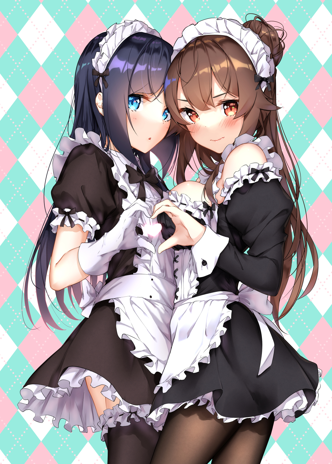 sahara386, fuyushima enishi, natsuno hiyori, sex and dungeon, commentary request, highres, 2girls, alternate costume, apron, asymmetrical docking, bare shoulders, black dress, black hair, black thighhighs, blue eyes, blush, breast press, breasts, brown hair, closed mouth, cowboy shot, dress, enmaided, frilled thighhighs, frills, gloves, heart, heart hands, heart hands duo, heart in heart hands, large breasts, long hair, long sleeves, maid, maid apron, maid headdress, multiple girls, orange eyes, parted lips, short sleeves, small breasts, thighhighs, white gloves