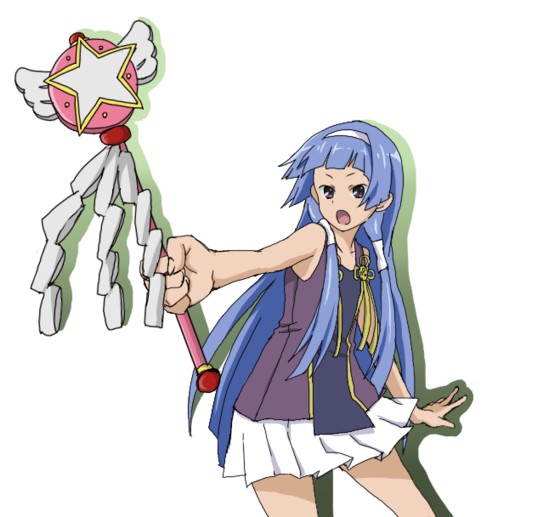 nagi, kannagi, 00s, 1girl, blue hair, blunt bangs, female focus, hair tubes, hairband, long hair, pleated skirt, purple eyes, skirt, solo, wand, white skirt