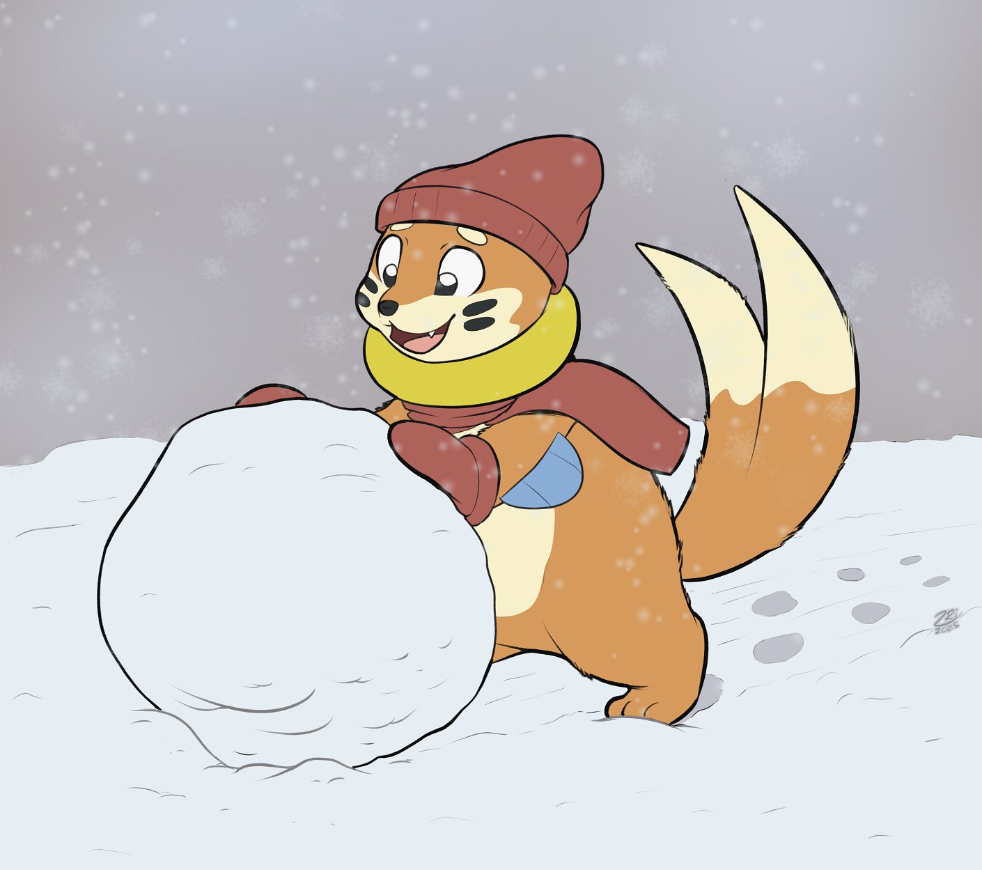 buizel, nintendo, pokemon, highres, beanie, brown fur, brown gloves, brown hat, brown scarf, clothed pokemon, gen 4 pokemon, gloves, hat, no humans, open mouth, pokemon (creature), scarf, snow, snowball, solo, two-tone fur, zriartz