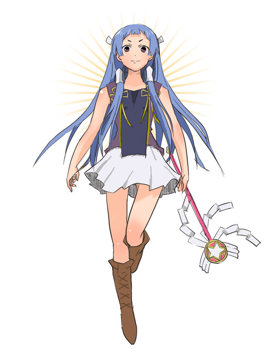 uni (gugurutan), nagi, kannagi, bad id, bad pixiv id, 00s, 1girl, blue hair, blunt bangs, female focus, hair tubes, hairband, long hair, pleated skirt, purple eyes, skirt, solo, wand, white skirt