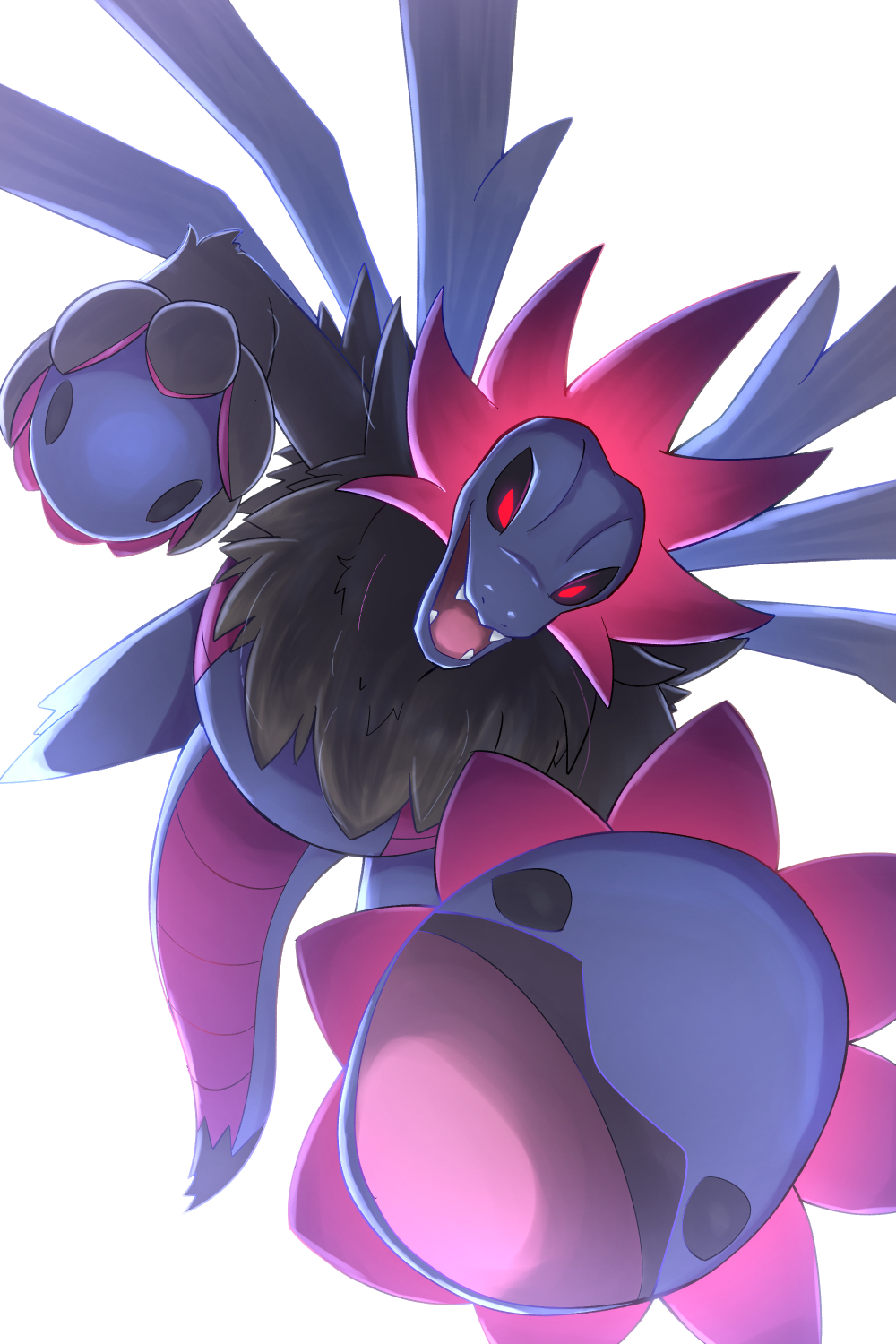rumine (yoshi1234567), hydreigon, nintendo, pokemon, highres, black sclera, colored sclera, gen 5 pokemon, looking at viewer, no humans, open mouth, pokemon (creature), red eyes, simple background, solo, tail, white background