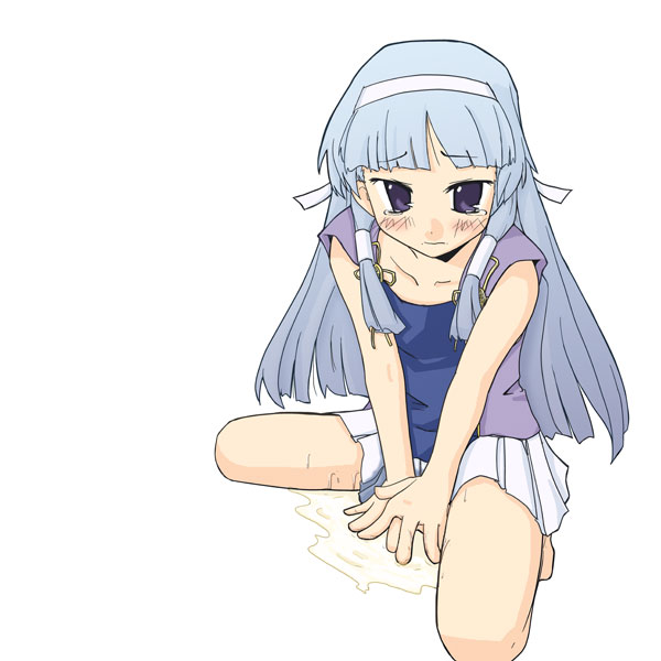 nagi, kannagi, 00s, 1girl, blue hair, blunt bangs, female focus, hair tubes, long hair, pleated skirt, purple eyes, skirt, solo, white skirt