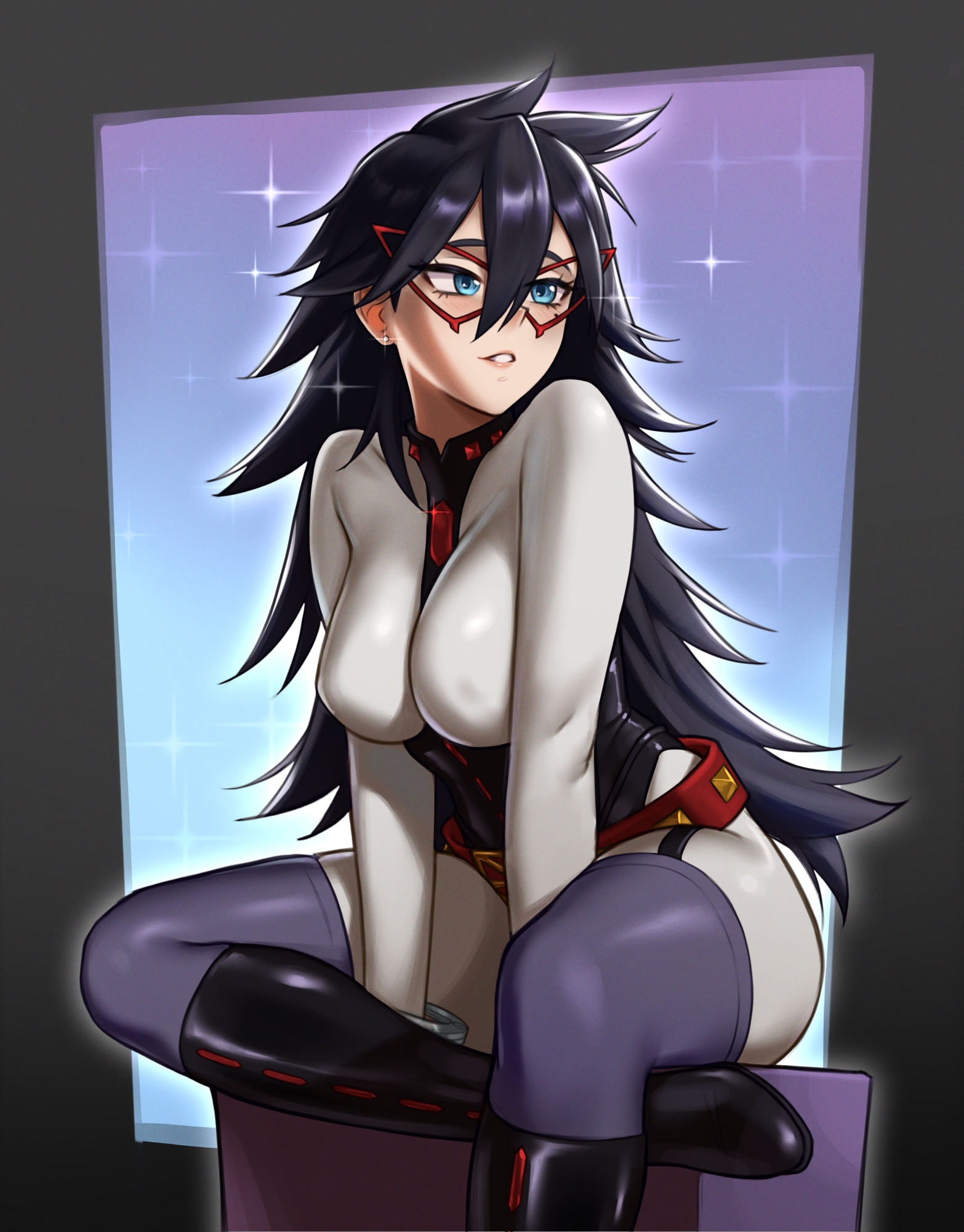 midnight (boku no hero academia), boku no hero academia, highres, 1girl, black boots, black hair, black leotard, blue eyes, blush, bodysuit, boots, breasts, cuffs, domino mask, double-parted bangs, earrings, figure four sitting, foot out of frame, garter straps, glint, hair between eyes, handcuffs, highleg, highleg leotard, hunybee, jewelry, knee boots, large breasts, leotard, long hair, looking to the side, mask, mole, mole under eye, purple thighhighs, sitting, skin tight, solo, sparkle, stud earrings, superhero costume, thighhighs, thighhighs under boots, very long hair, white bodysuit