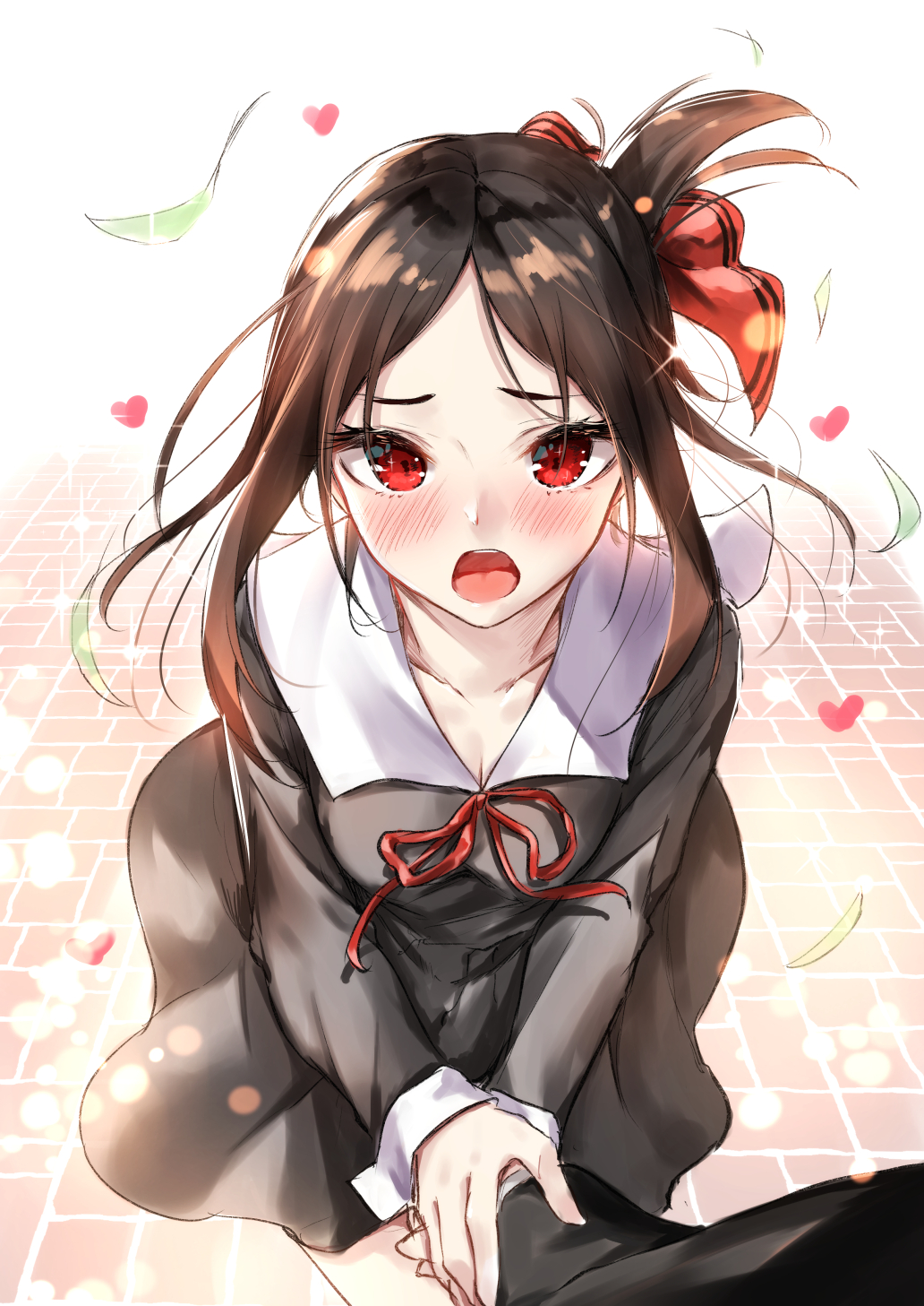 sahara386, shinomiya kaguya, kaguya-sama wa kokurasetai ~tensai-tachi no renai zunousen~, commentary request, highres, 1girl, black dress, black hair, blush, breasts, cleavage, collarbone, dress, folded ponytail, hair ribbon, heart, holding hands, long sleeves, looking at viewer, neck ribbon, open mouth, pov, red eyes, red ribbon, ribbon, school uniform, shuuchiin academy school uniform, small breasts, solo focus, winter uniform