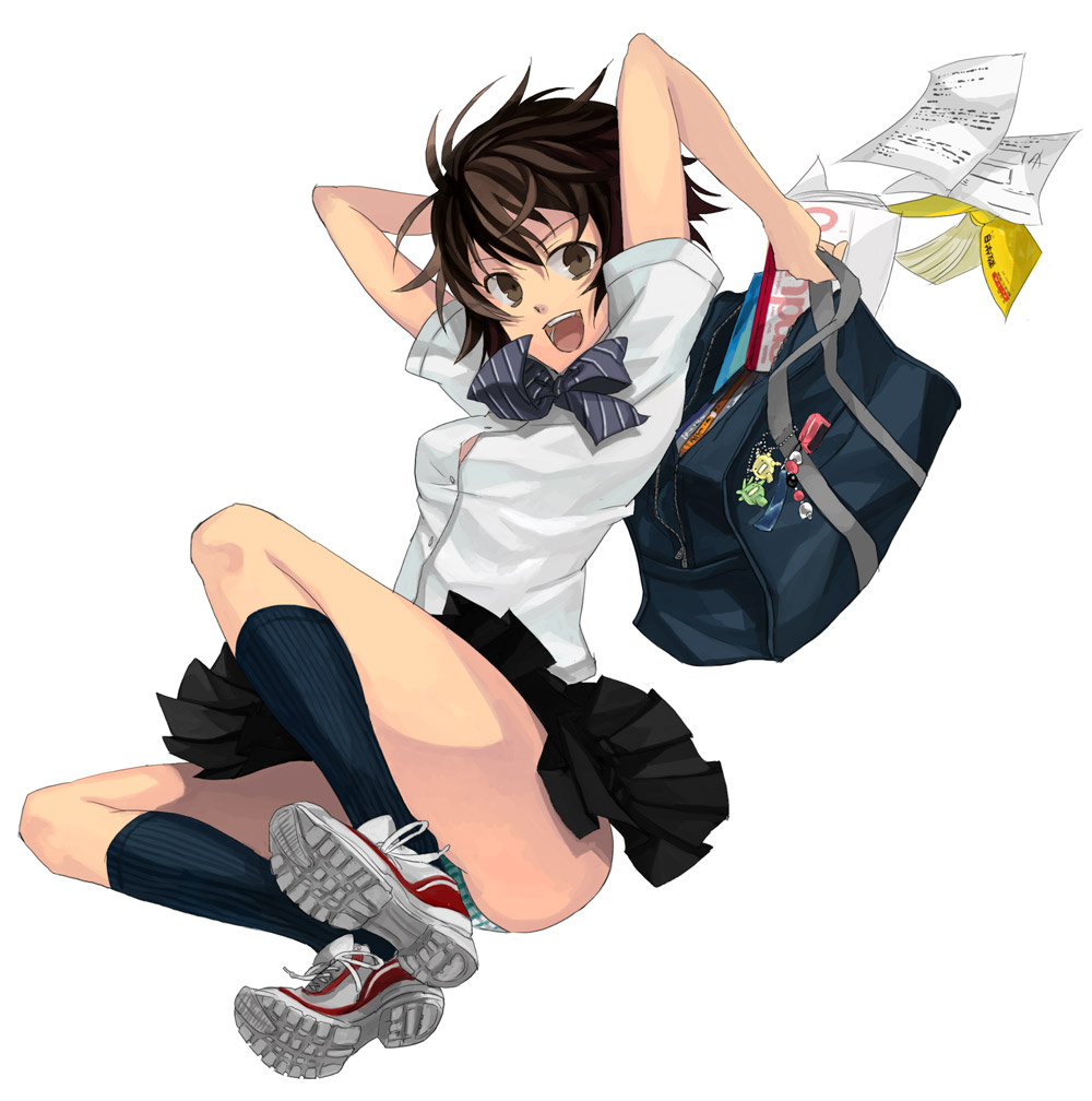 osamu (jagabata), oryzae-tan, moyashimon, original, 1girl, arms up, bag, bow, brown eyes, brown hair, charm (object), happy, jumping, legs, panties, pantyshot, school uniform, serafuku, shoes, short hair, skirt, smile, sneakers, socks, striped clothes, striped panties, underwear