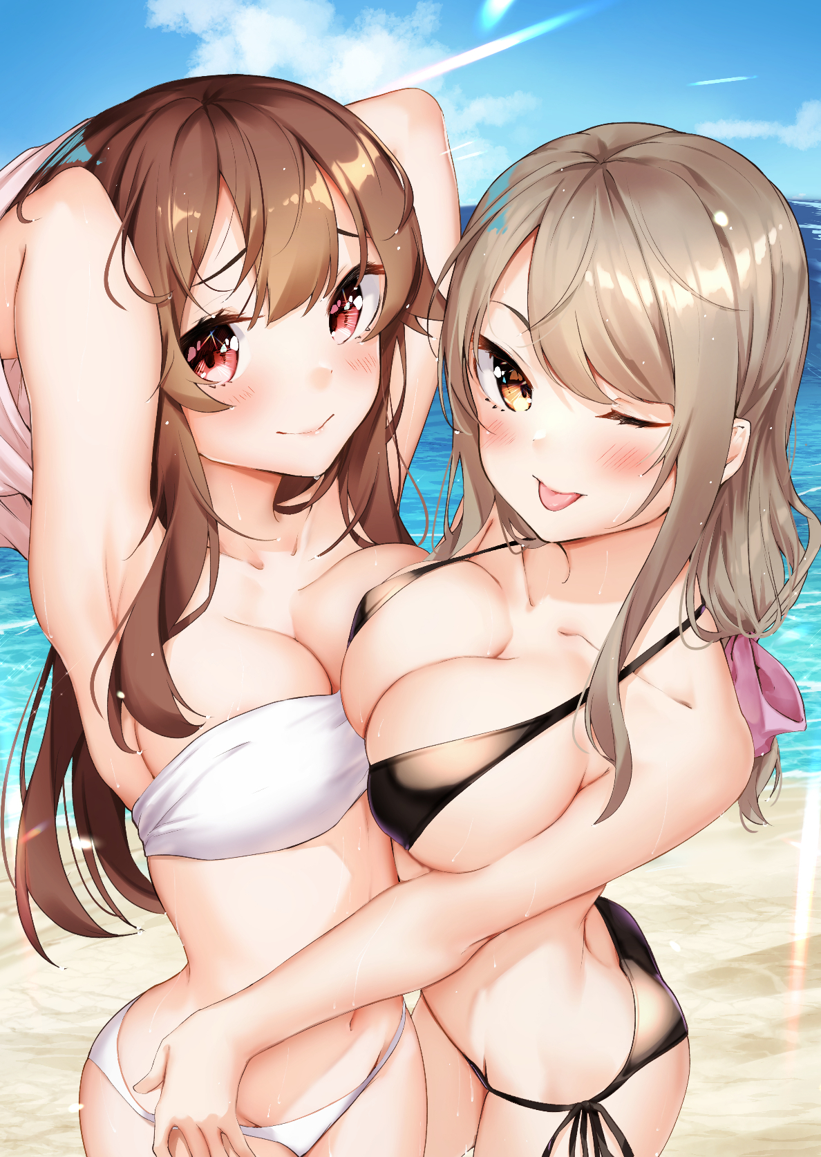 sahara386, akitsu maya, harumachi hashira, sex and dungeon, commentary request, highres, 2girls, ;p, arms behind head, beach, bikini, black bikini, blue sky, blush, breasts, brown hair, cleavage, closed mouth, collarbone, cowboy shot, day, large breasts, long hair, multiple girls, navel, one eye closed, orange eyes, outdoors, red eyes, side-tie bikini bottom, sky, strapless, strapless bikini, swimsuit, tongue, tongue out, white bikini