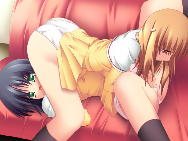 akinoko, magistr temple, game cg, 2girls, 69, blue hair, brown hair, female focus, green eyes, long hair, multiple girls, open mouth, panties, red eyes, school uniform, serafuku, short hair, skirt, socks, underwear, white panties, yuri
