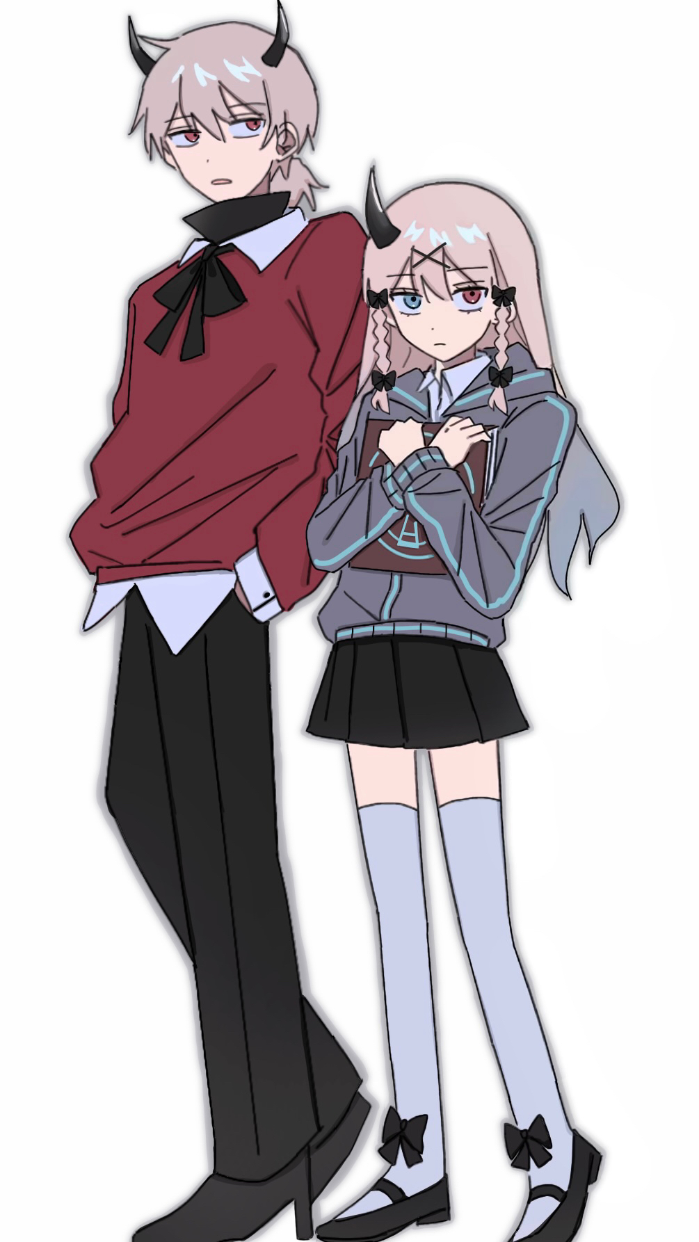 kokococo924, friday night funkin', commentary request, highres, 1boy, 1girl, ankle boots, black boots, black bow, black bowtie, black horns, black pants, black shoes, black skirt, blue eyes, blue hair, book, boots, bow, bow legwear, bowtie, braid, braided sidelocks, brother and sister, closed mouth, collared shirt, demon boy, demon girl, demon horns, double-parted bangs, expressionless, from below, full body, gradient hair, grey jacket, hair between eyes, hair bow, hair ornament, hands in pockets, hands up, height difference, heterochromia, high heel boots, high heels, holding, holding book, hood, hood down, hooded jacket, horns, hugging book, hugging object, humanization, jacket, long hair, long sleeves, looking at viewer, looking to the side, low ponytail, mary janes, miniskirt, multicolored hair, open mouth, pants, pink hair, pleated skirt, ponytail, puffy long sleeves, puffy sleeves, rasazy (friday night funkin'), red eyes, red sweater, selever (friday night funkin'), shirt, shoes, short hair, short ponytail, siblings, simple background, single horn, skirt, standing, sweater, thighhighs, two-tone hair, upturned eyes, very long hair, white background, white shirt, white thighhighs, x hair ornament, zettai ryouiki