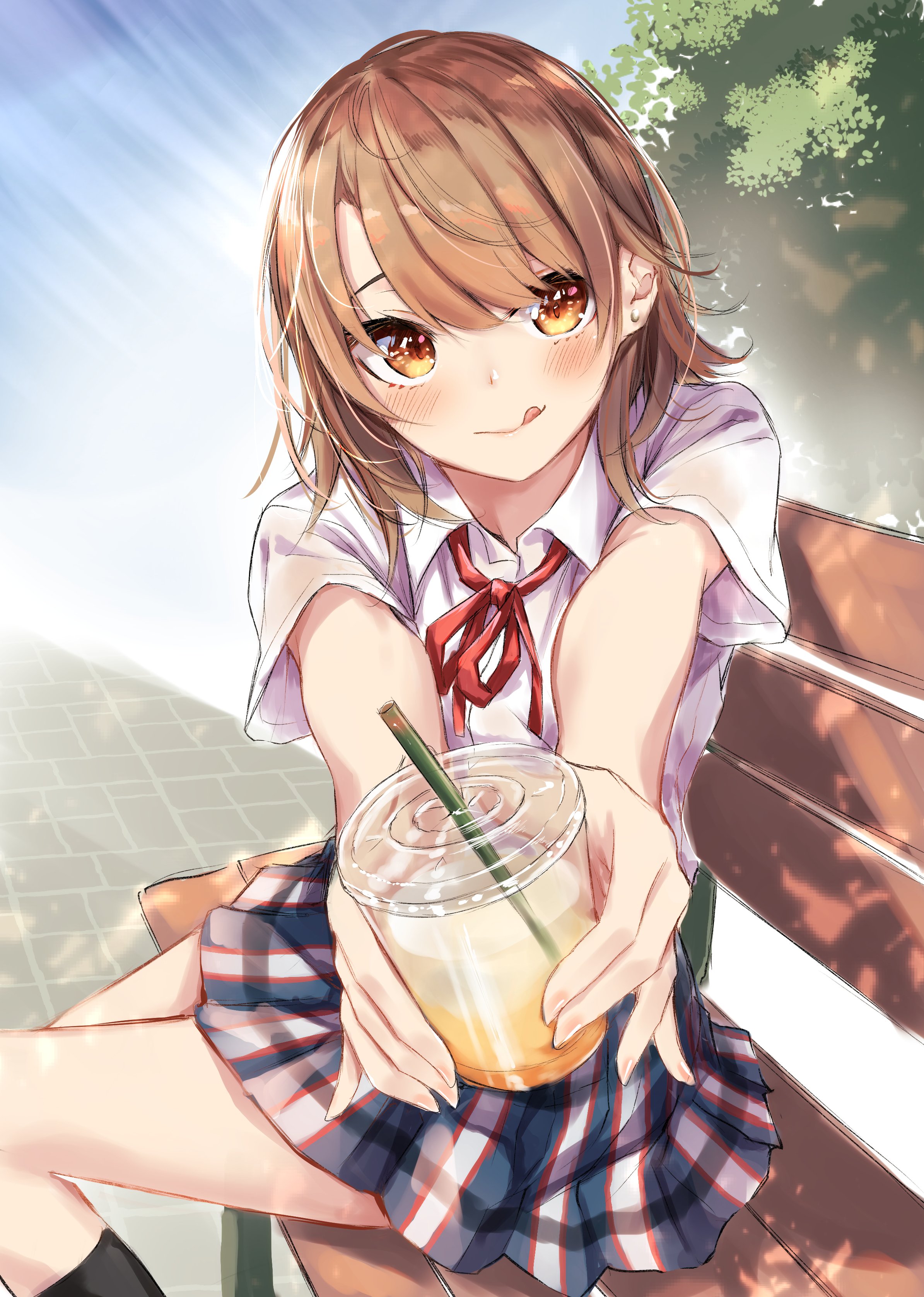 sahara386, isshiki iroha, yahari ore no seishun lovecome wa machigatteiru., absurdres, commentary request, highres, 1girl, bench, black socks, blue sky, blush, brown hair, collared shirt, cup, disposable cup, drinking straw, feet out of frame, holding, holding cup, looking at viewer, neckerchief, orange eyes, outdoors, outstretched arms, plaid clothes, plaid skirt, pleated skirt, red neckerchief, school uniform, shirt, short hair, short sleeves, sitting, skirt, sky, sobu high school uniform, socks, solo, summer uniform, tiles, tongue, tongue out, tree, twisted torso, white shirt