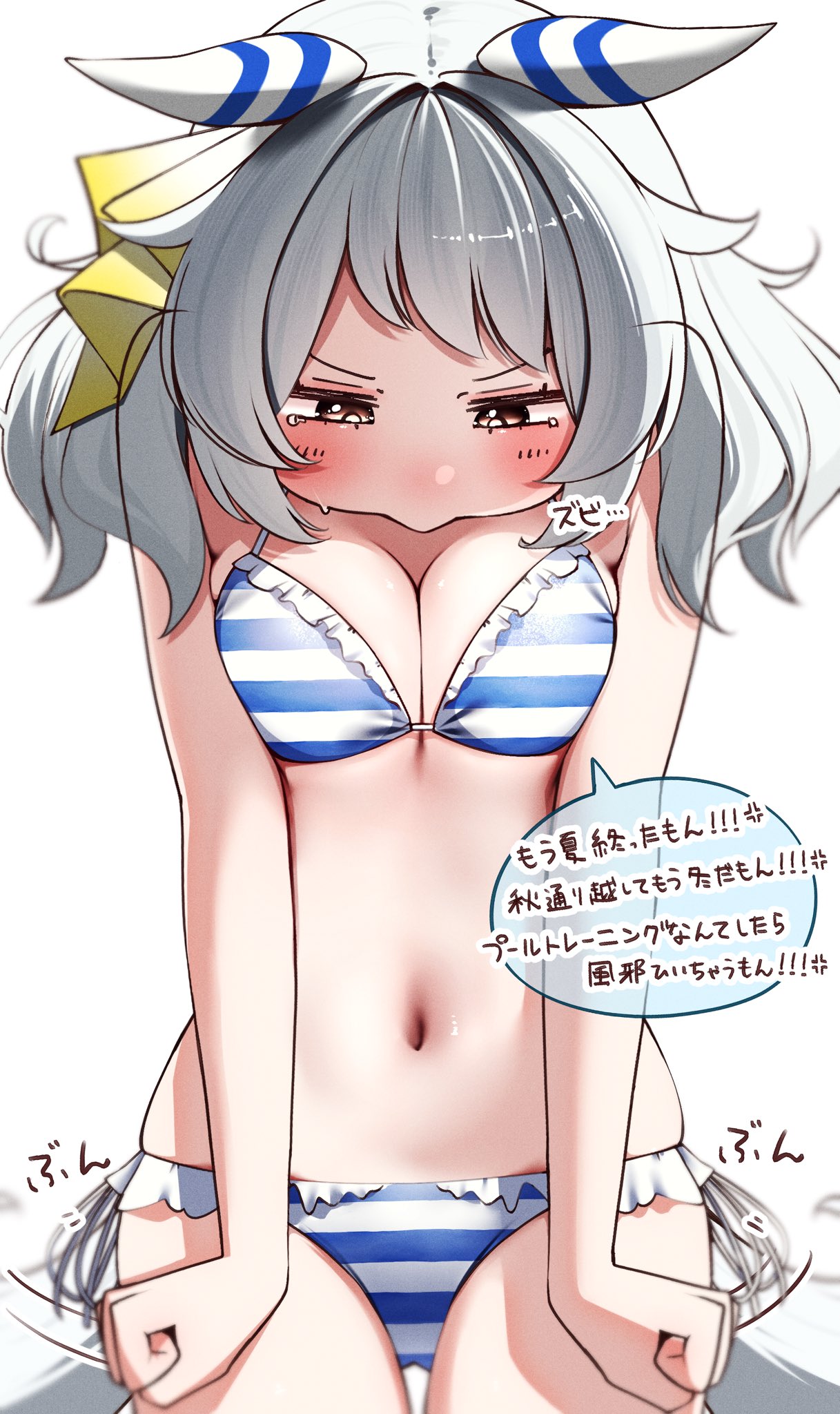 ponta (1859ysmssstsp), hishi miracle (umamusume), umamusume, highres, 1girl, animal ears, armpit crease, asymmetrical bangs, blush, breasts, breasts squeezed together, cleavage, embarrassed, frills, hair ornament, horse ears, horse girl, japanese text, looking down, medium breasts, medium hair, navel, pout, simple background, solo, speech bubble, standing, sweatdrop, swimsuit, tearing up, thighs, white background, white hair, yellow eyes