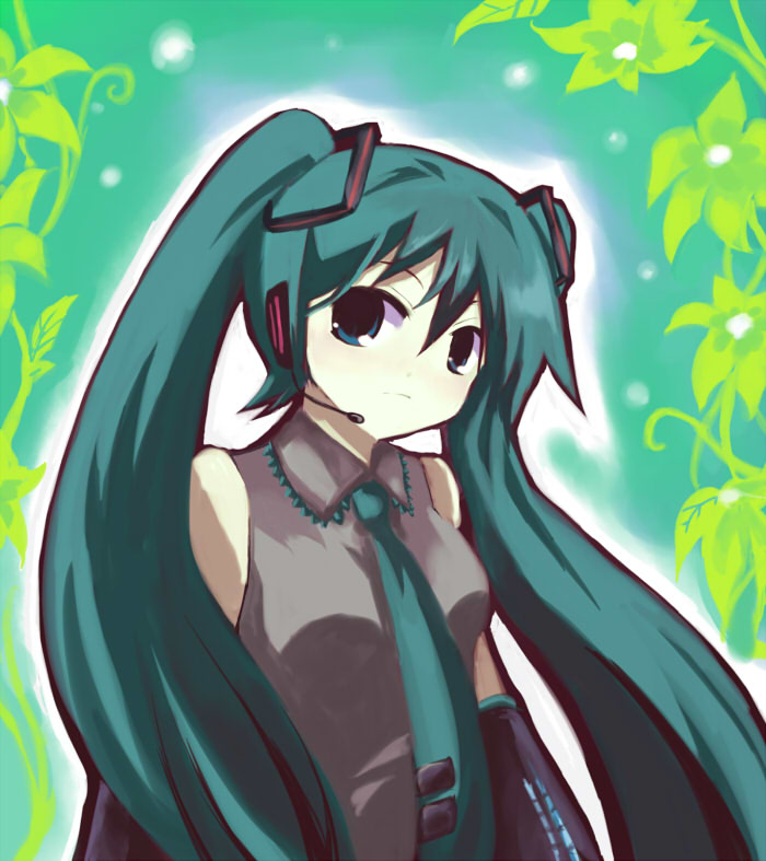 maruki (punchiki), hatsune miku, vocaloid, bad id, bad pixiv id, aqua hair, blue eyes, detached sleeves, headphones, long hair, microphone, necktie, pale skin, solo, twintails