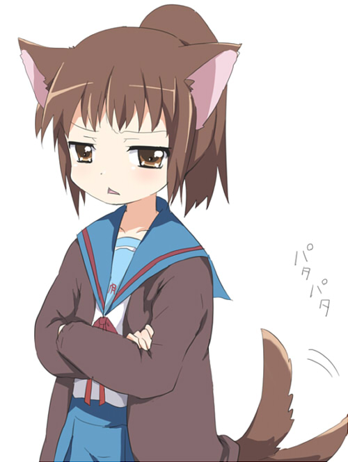 maruki (punchiki), kyonko, suzumiya haruhi no yuuutsu, bad id, bad pixiv id, gender request, 00s, 1girl, :<, animal ears, brown eyes, brown hair, cardigan, dog ears, dog tail, female focus, genderswap, ponytail, school uniform, serafuku, solo, tail, tail wagging, triangle mouth