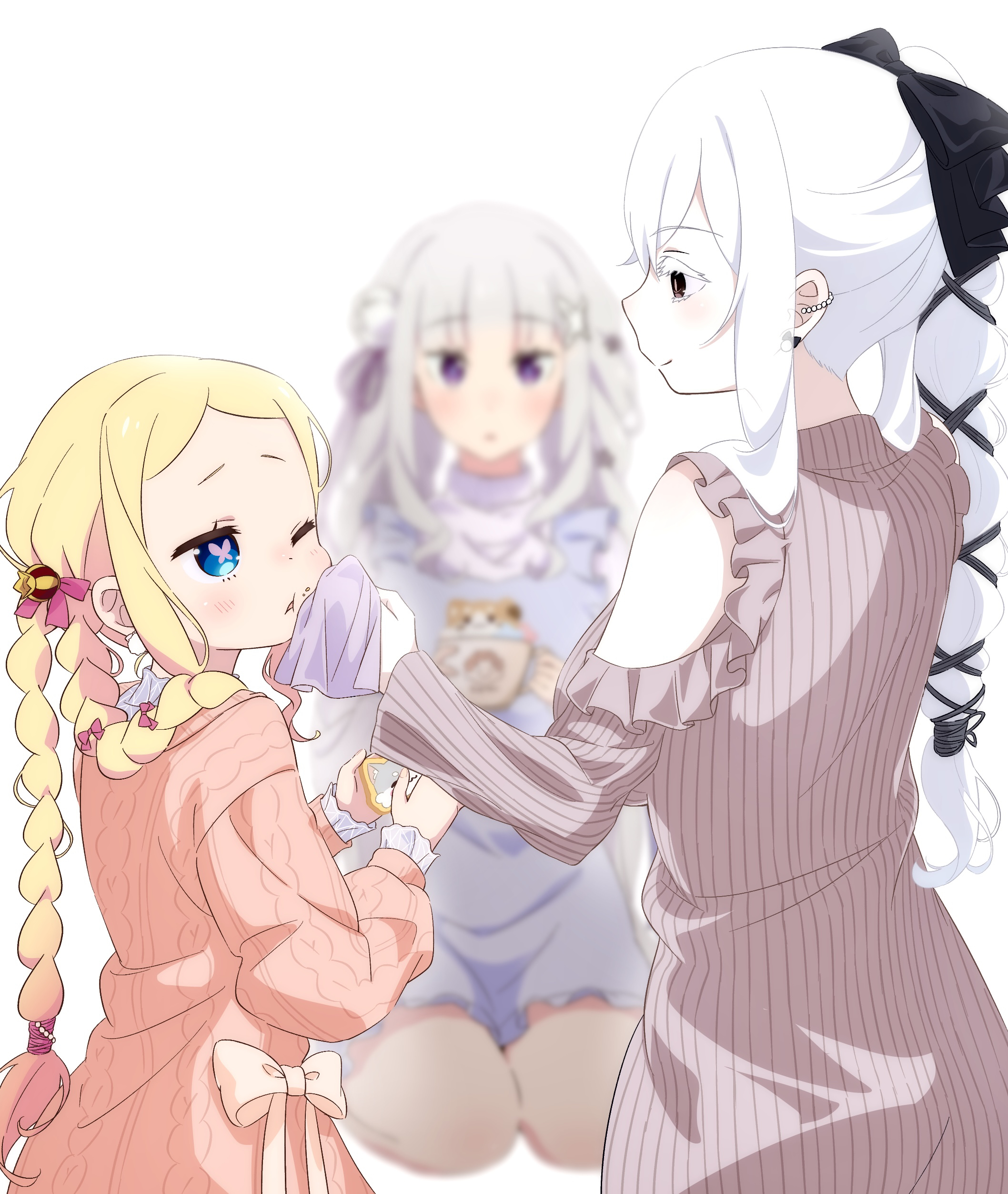 tamakiwachi, beatrice (re:zero), echidna (re:zero), emilia (re:zero), natsuki subaru, puck (re:zero), re:zero kara hajimeru isekai seikatsu, absurdres, commentary request, highres, 3girls, black bow, blonde hair, blue eyes, blurry, blurry background, blush, bow, braid, butterfly-shaped pupils, character cookie, character print, cookie, crumbs, cup, flower, food, food on face, grey hair, hair bow, hair flower, hair ornament, hair ribbon, holding, holding cookie, holding cup, holding food, long hair, looking at another, multiple girls, one eye closed, pink pupils, purple eyes, purple ribbon, ribbon, seiza, sitting, smile, symbol-shaped pupils, white background, white flower, white hair