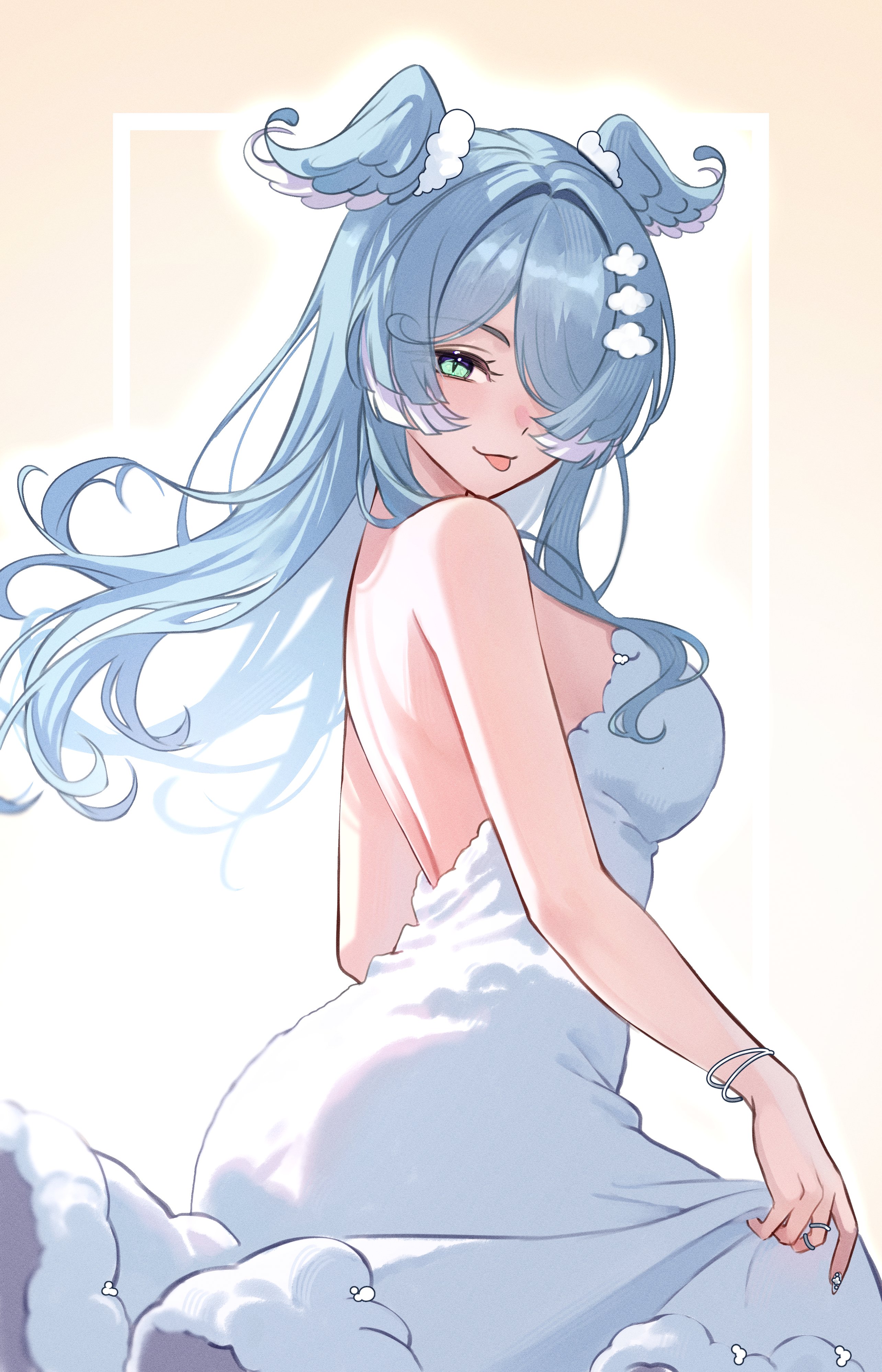 ive (iveith), elira pendora, nijisanji, nijisanji en, absurdres, highres, 1girl, :p, aqua eyes, ass, back, blush, bracelet, breasts, dress, from side, fur-trimmed dress, fur trim, hair over one eye, head wings, jewelry, large breasts, long hair, looking at viewer, median furrow, nail art, ring, skirt hold, solo, strapless, strapless dress, tongue, tongue out, virtual youtuber, white dress, wings