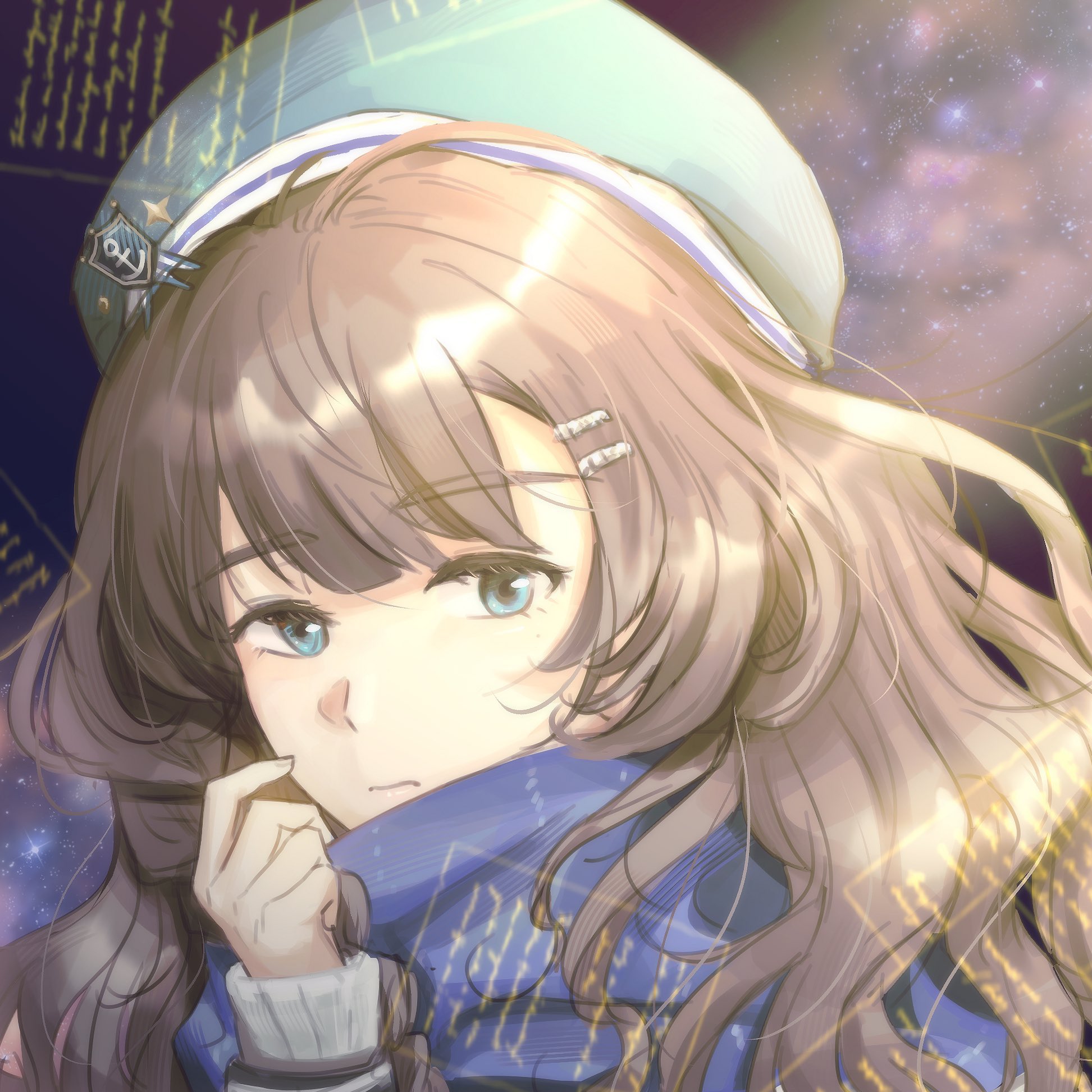 marcus (reverse:1999), reverse:1999, highres, 1girl, anchor hat ornament, beret, blue eyes, blue hat, blue scarf, brown hair, closed mouth, hand up, hat, hat ornament, long hair, pai1999ag, portrait, scarf, solo, star (sky), starry sky background