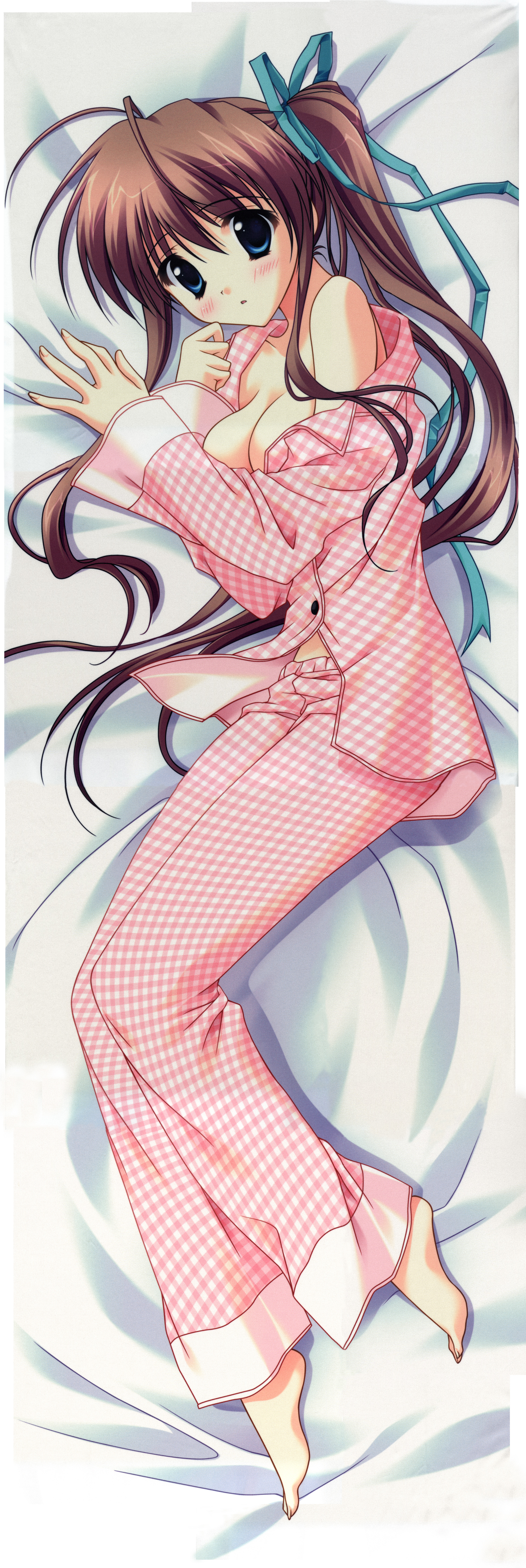 ryouka (suzuya), nagase minato, akane-iro ni somaru saka, absurdres, highres, long image, non-web source, tall image, 1girl, barefoot, bed, blue eyes, blush, breasts, brown hair, cleavage, dakimakura (medium), female focus, full body, long hair, lying, medium breasts, on side, pajamas, ponytail, ribbon, solo, very long hair