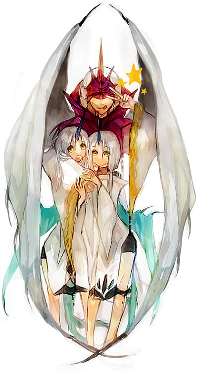 mimic (artist), suimin, bahamut (final fantasy), final fantasy, final fantasy iv, 1990s (style), 1girl, androgynous, female focus, horns, retro artstyle, siblings, solo, star (symbol), twins, v, wings, yellow eyes