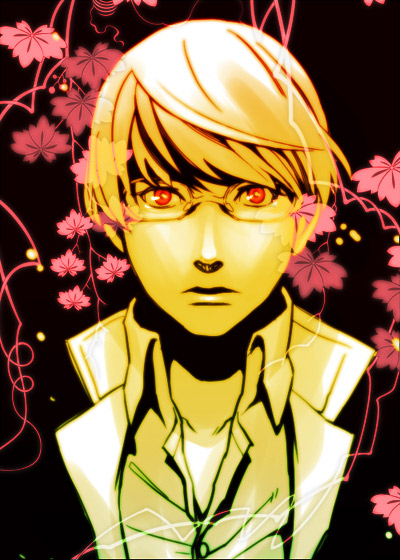 raizou, narukami yu, atlus, persona, persona 4, silver hair, flower, gakuran, glasses, male focus, red eyes, school uniform, serafuku, solo