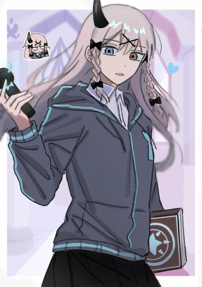 kokococo924, friday night funkin', commentary request, 1girl, black bow, black horns, black skirt, blue bow, blue eyes, book, border, bow, braid, braided sidelocks, chibi, chibi inset, collared shirt, demon girl, demon horns, double-parted bangs, expressionless, grey jacket, hair between eyes, hair bow, hair ornament, hand up, heart, heterochromia, holding, holding book, holding microphone, hood, hood down, hooded jacket, horns, humanization, jacket, long hair, long sleeves, looking at viewer, microphone, open mouth, outside border, pink hair, puffy long sleeves, puffy sleeves, purple background, rasazy (friday night funkin'), red eyes, shirt, simple background, single horn, skirt, solo, standing, upper body, white border, white shirt, x hair ornament