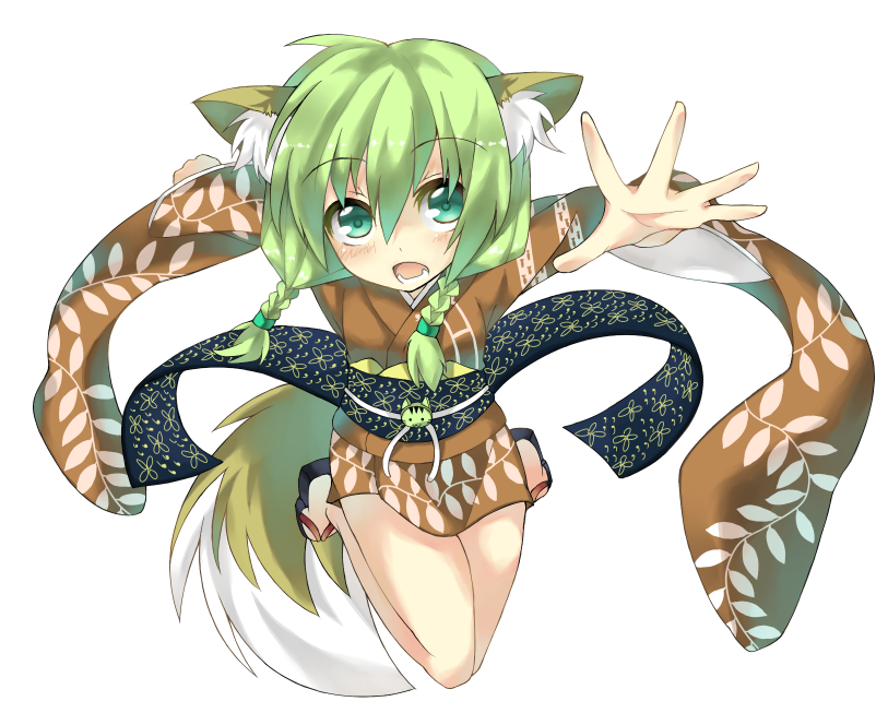 shingetsu takehito, saitou kon, 1girl, animal ears, female focus, green hair, japanese clothes, kimono, solo, tail