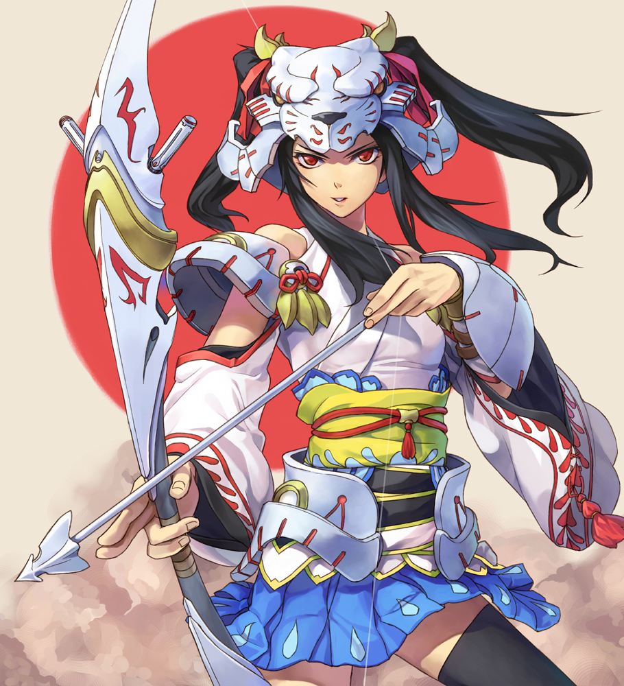 ryuutetsu, original, 1girl, armor, bare shoulders, black hair, black thighhighs, bow (weapon), female focus, helmet, japanese clothes, long hair, obi, red eyes, sash, solo, thighhighs, tsurime, twintails, weapon, zettai ryouiki