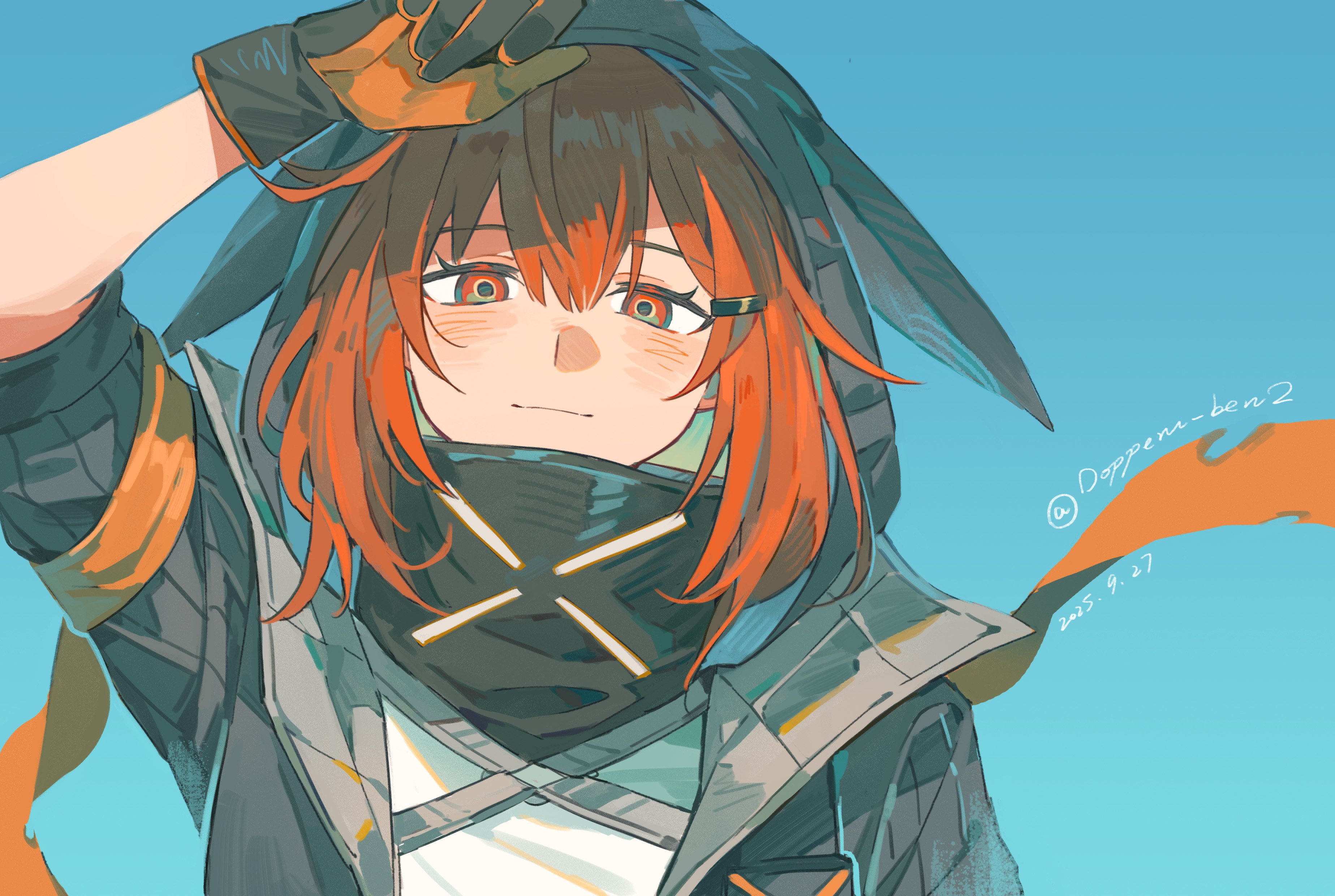 dopperu ben, crownslayer (arknights), arknights, absurdres, highres, 1girl, animal ear hood, arm up, artist name, black jacket, blue background, blush, dated, fake animal ears, gloves, hood, hyena ears, hyena girl, jacket, looking at viewer, mask, mask around neck, medium hair, mouth mask, open clothes, open jacket, portrait, red eyes, red hair, shirt, solo, white shirt