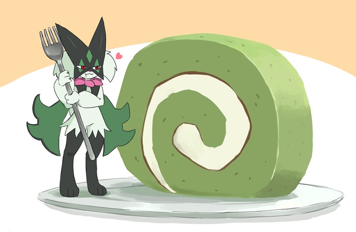ylit shalmon2, meowscarada, nintendo, pokemon, cake, food, fork, green fur, heart, holding, holding fork, plate, pokemon (creature), red eyes, solo, standing, swiss roll